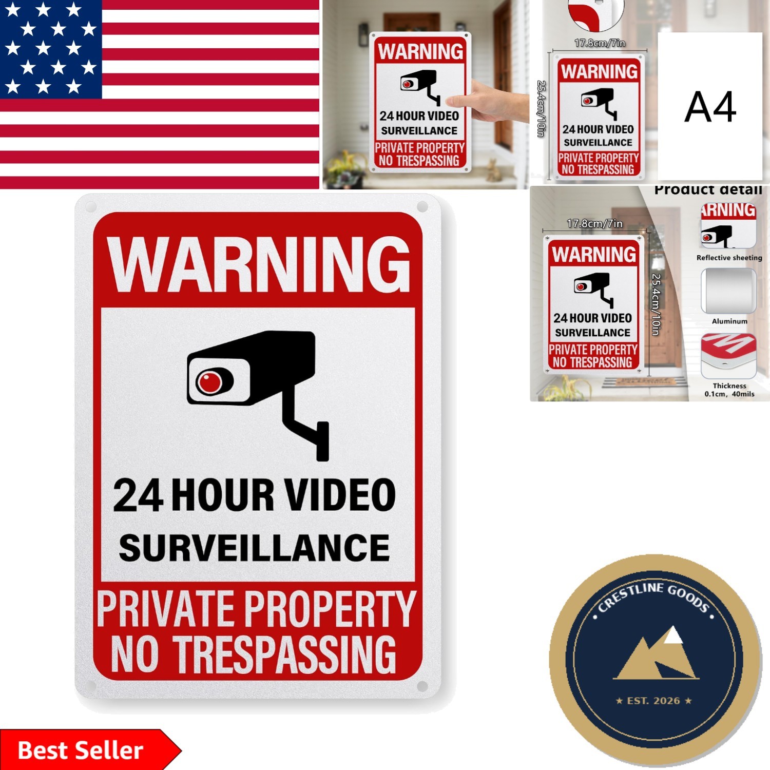 UV Printed 10×7 Inch Security Sign – 24/7 Surveillance, Aluminum Construction