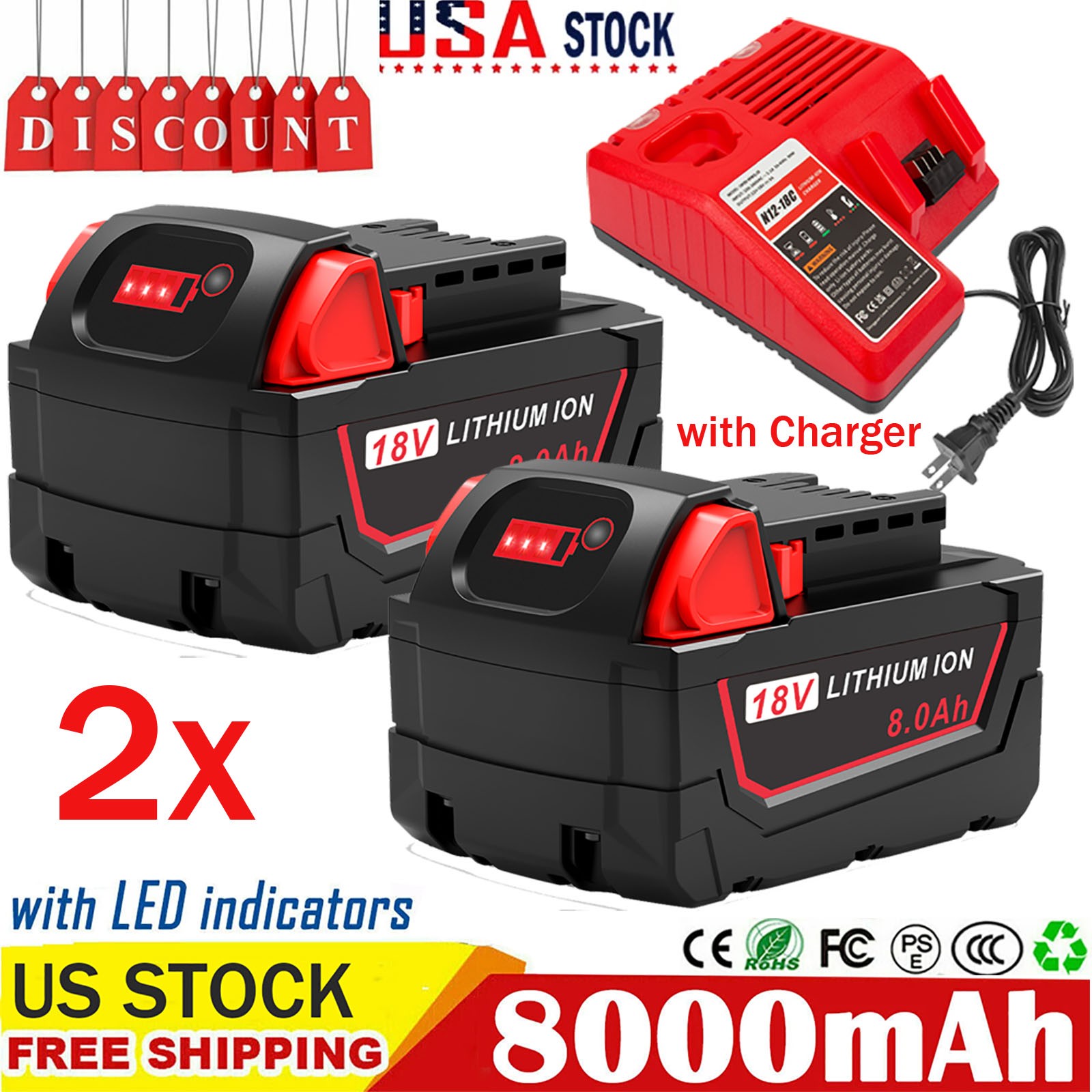 8.0Ah Battery and Charger For Milwaukee for M18 Extended Capacity 48-11-1860