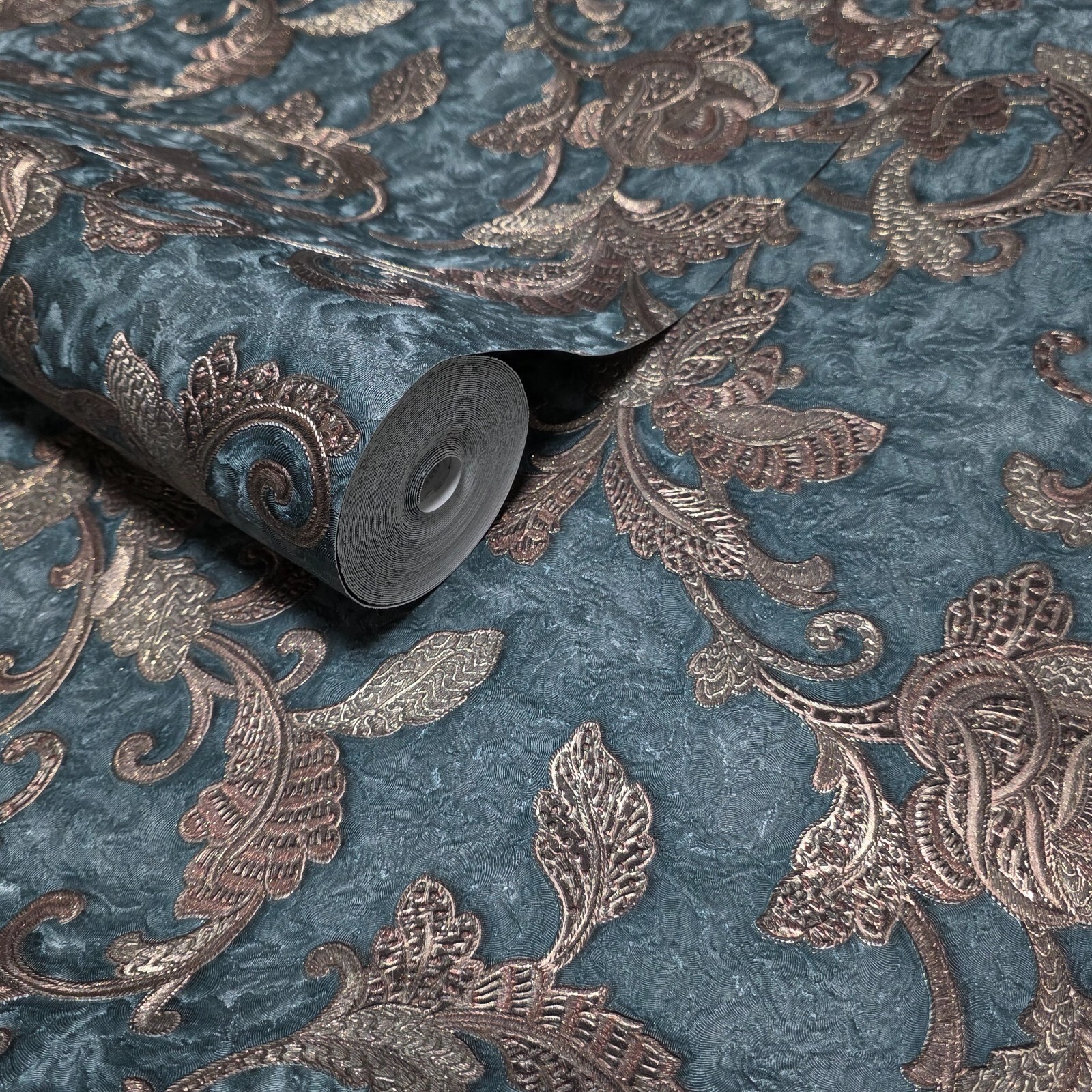 Dark Teal green blue bronze metallic plaster textured floral damask Wallpaper 3D