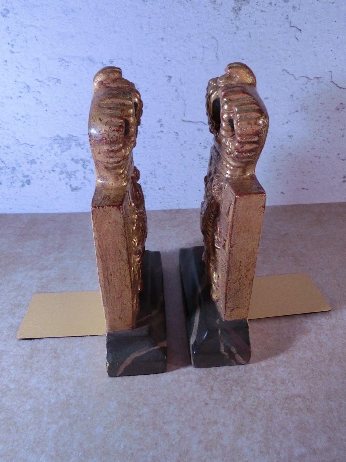 Gold Gilded Regal Lion & Crown Bookends w/Marbleized Base English British Style