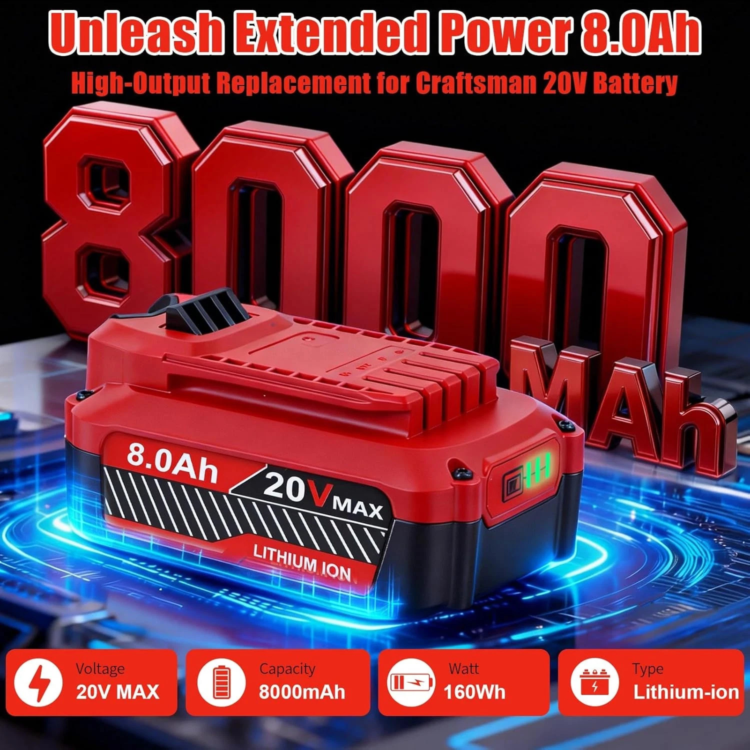 2 Pack CMCB206 8.0Ah For Craftsman V20 20V MAX Lithium Battery CMCB204 CMCB202