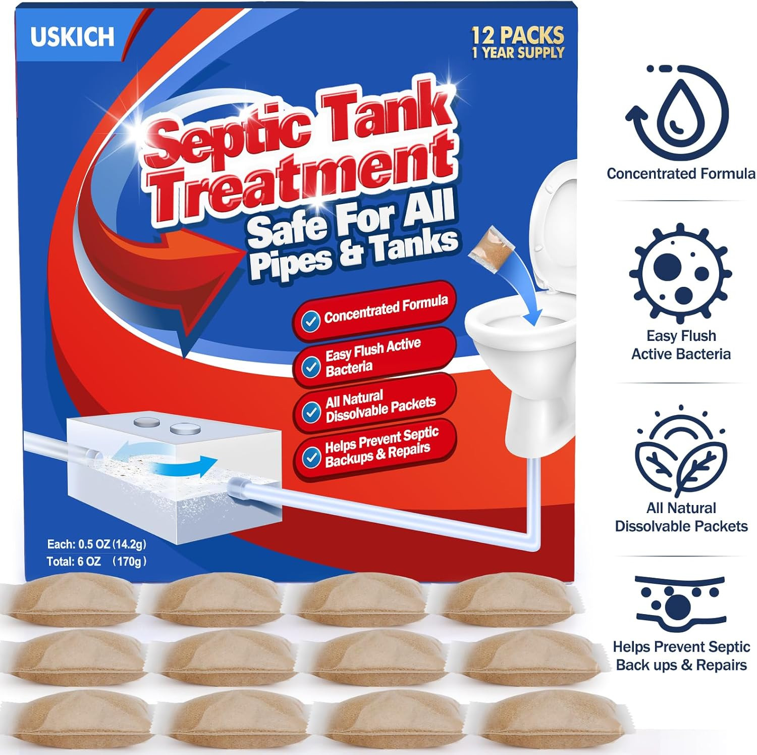 Septic Tank Treatment,1 Year Supply Septic Pods (12 pcs),1 Flush per Month Septi