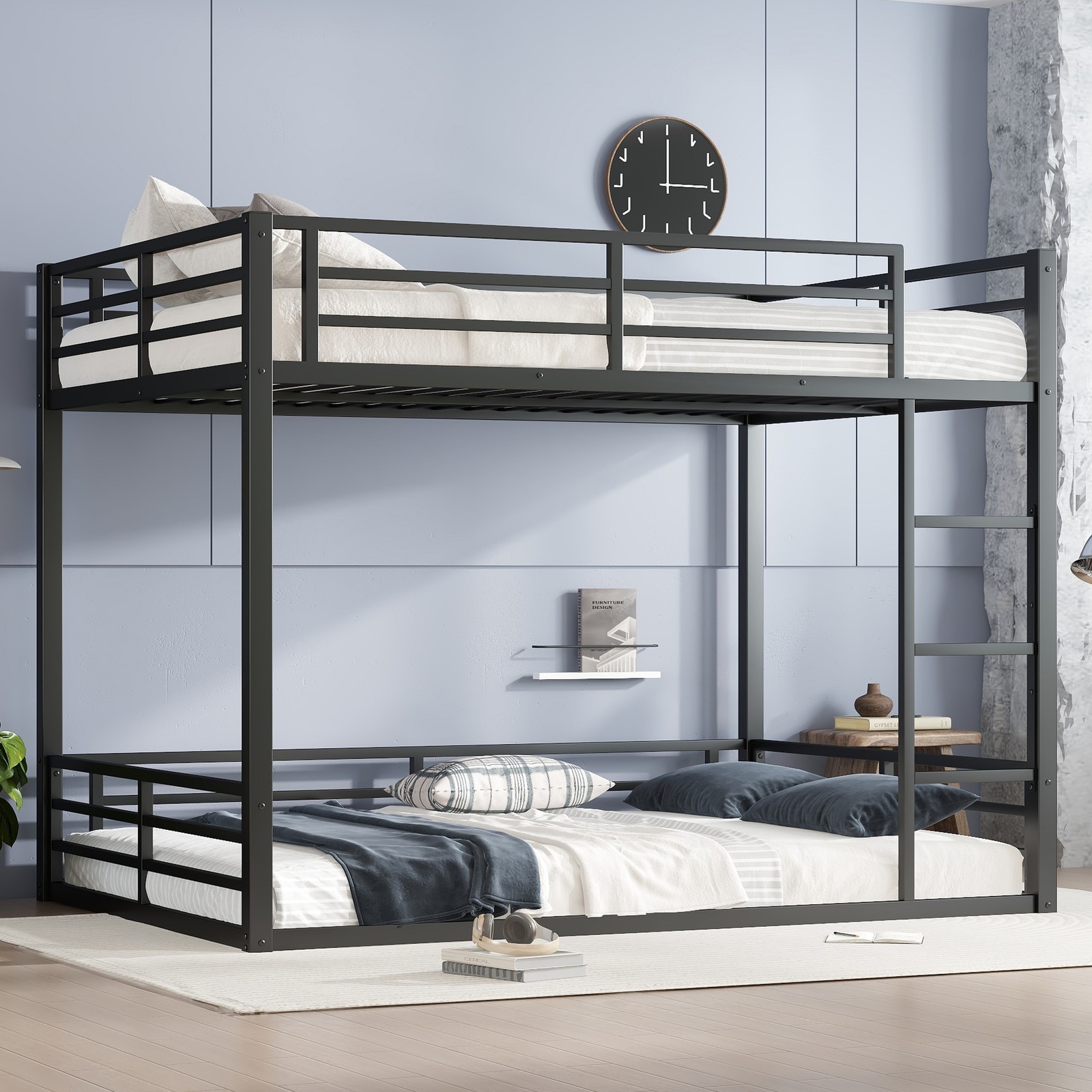Metal Bed Frame Queen over Queen Bunk Bed for Teens and Adults Bedroom Black Bed