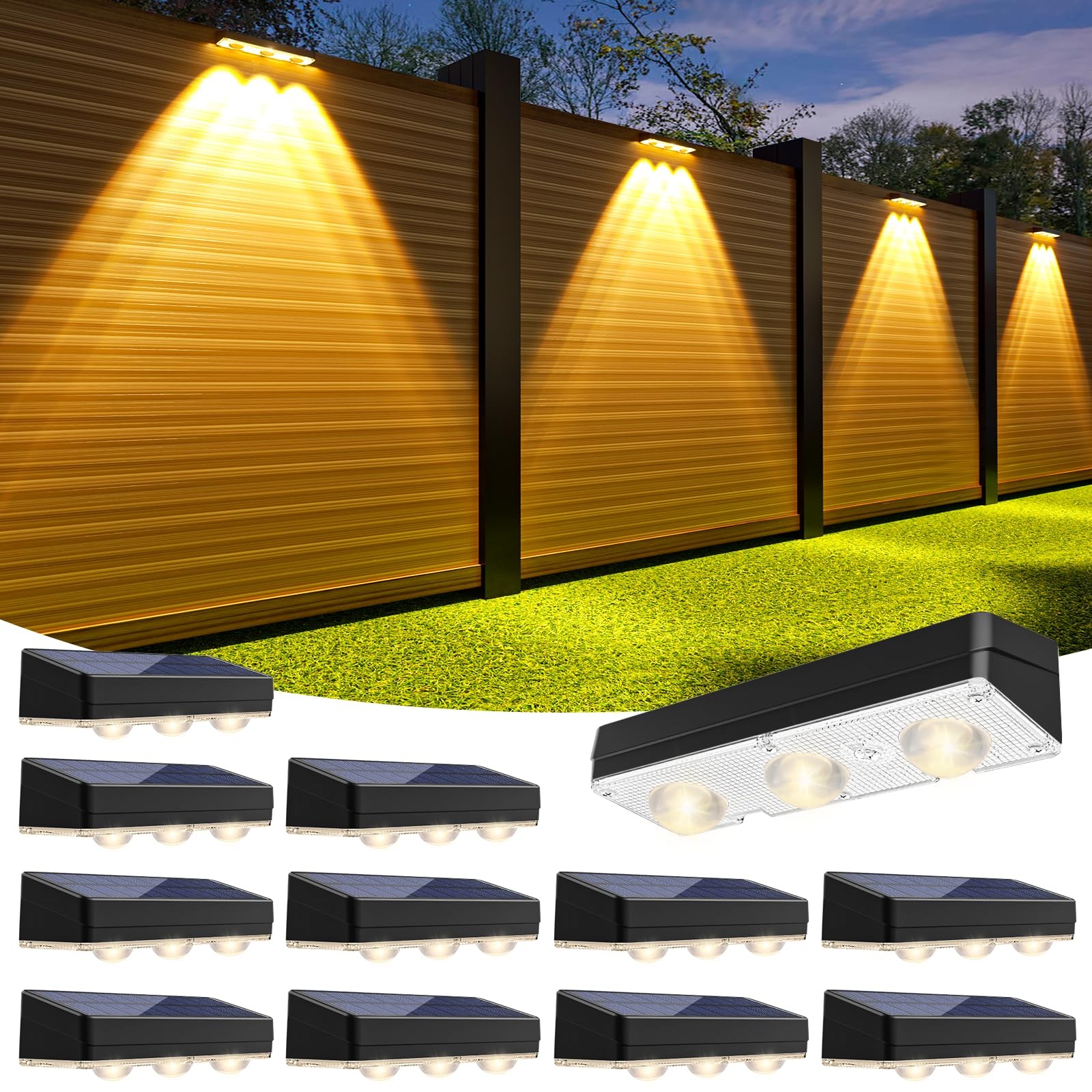 Solar Fence Lights Outdoor,1300mAh, 12pack,Warm/Natural/Cool White,IP65 Water…