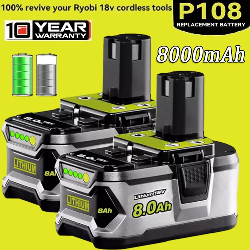 2PACK For RYOBI P108 18V High Capacity 8.0Ah Battery Lithium-Ion Battery 8000mAh