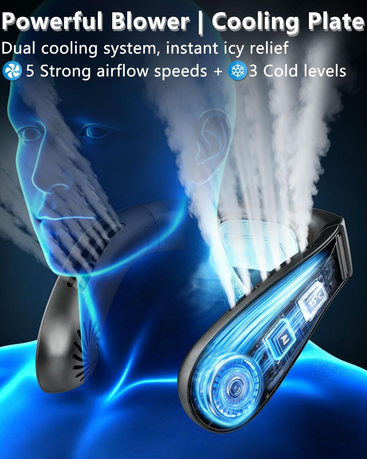 Neck Fan with Cooling Plate, Quiet 30Db, 3-24Hrs Cooling,5500Mah Battery,Led Dis