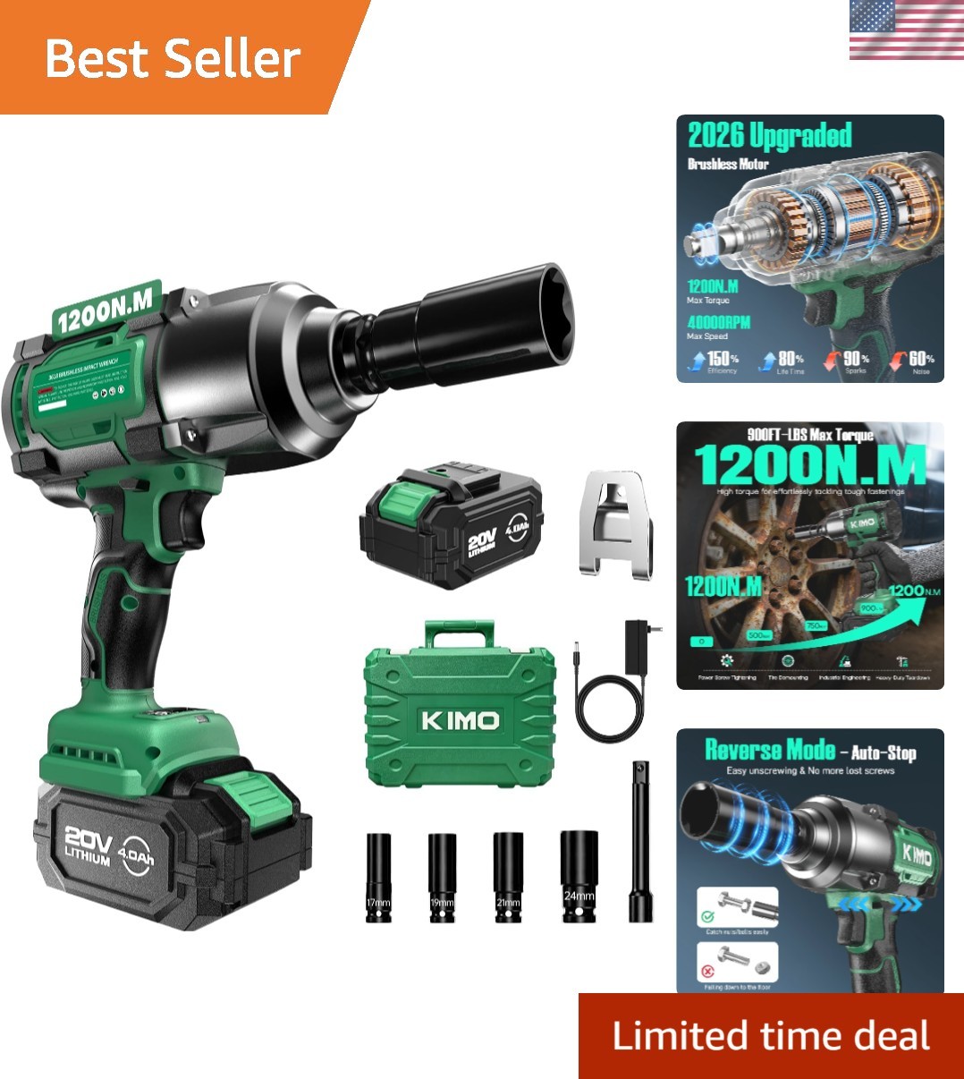 Impact Wrench 1/2 Cordless, 1200N.m 900ft-lbs, 4000RPM | 890Ft-Lbs/1200N.m, 4…