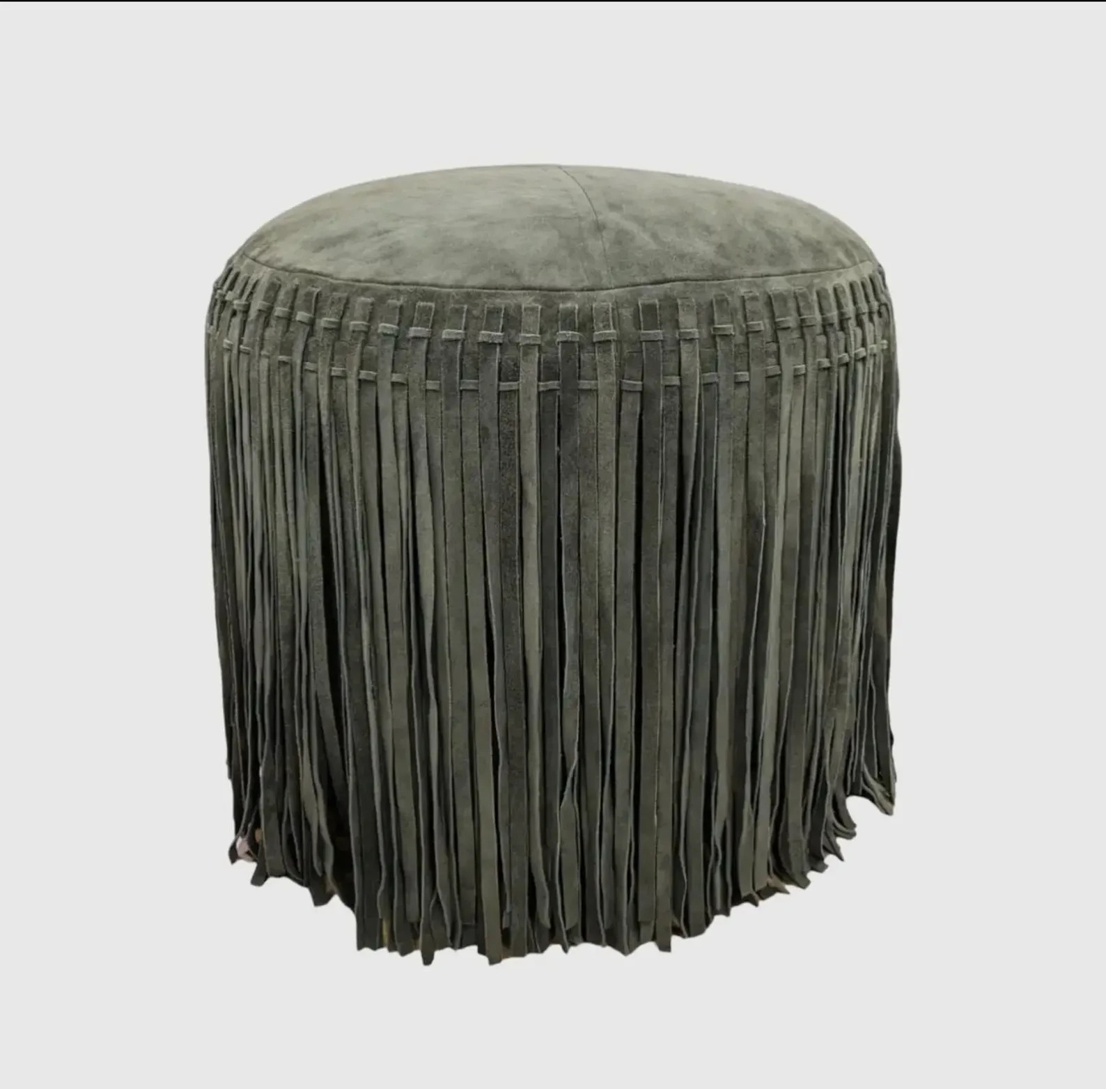 Premium Real Leather Suede Ottoman Pouf with Western Fringe Living Room Hall Roo