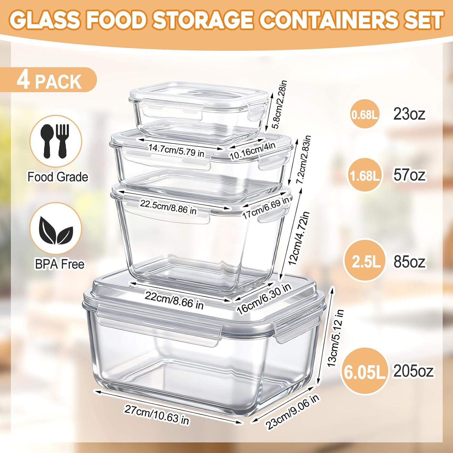 4 Pcs Extra Large Glass Food Storage Container with Airtight Locking Lid 205Oz 8
