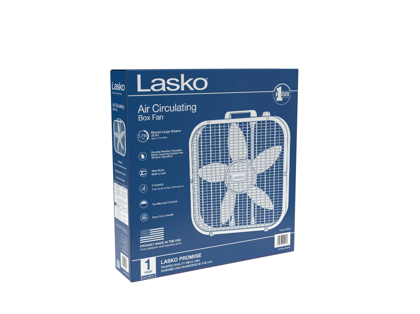 20″ 3-Speed Classic Box Fan with Weather-Resistant Motor, White, B20200