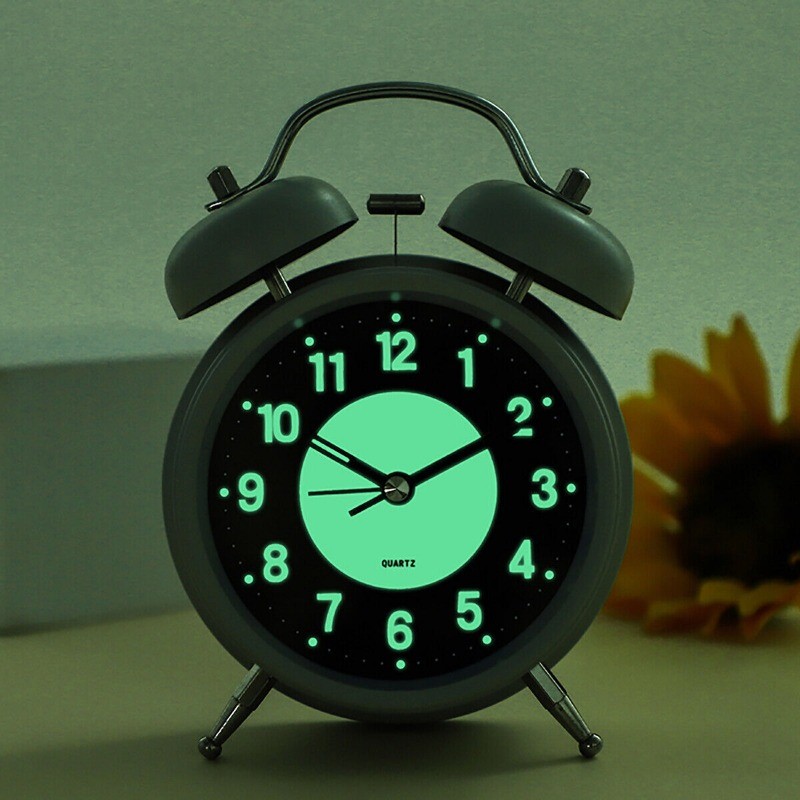 Retro Twin Bell Alarm Clock Quartz Silent Luminous Dial Nightlight Analog Clock