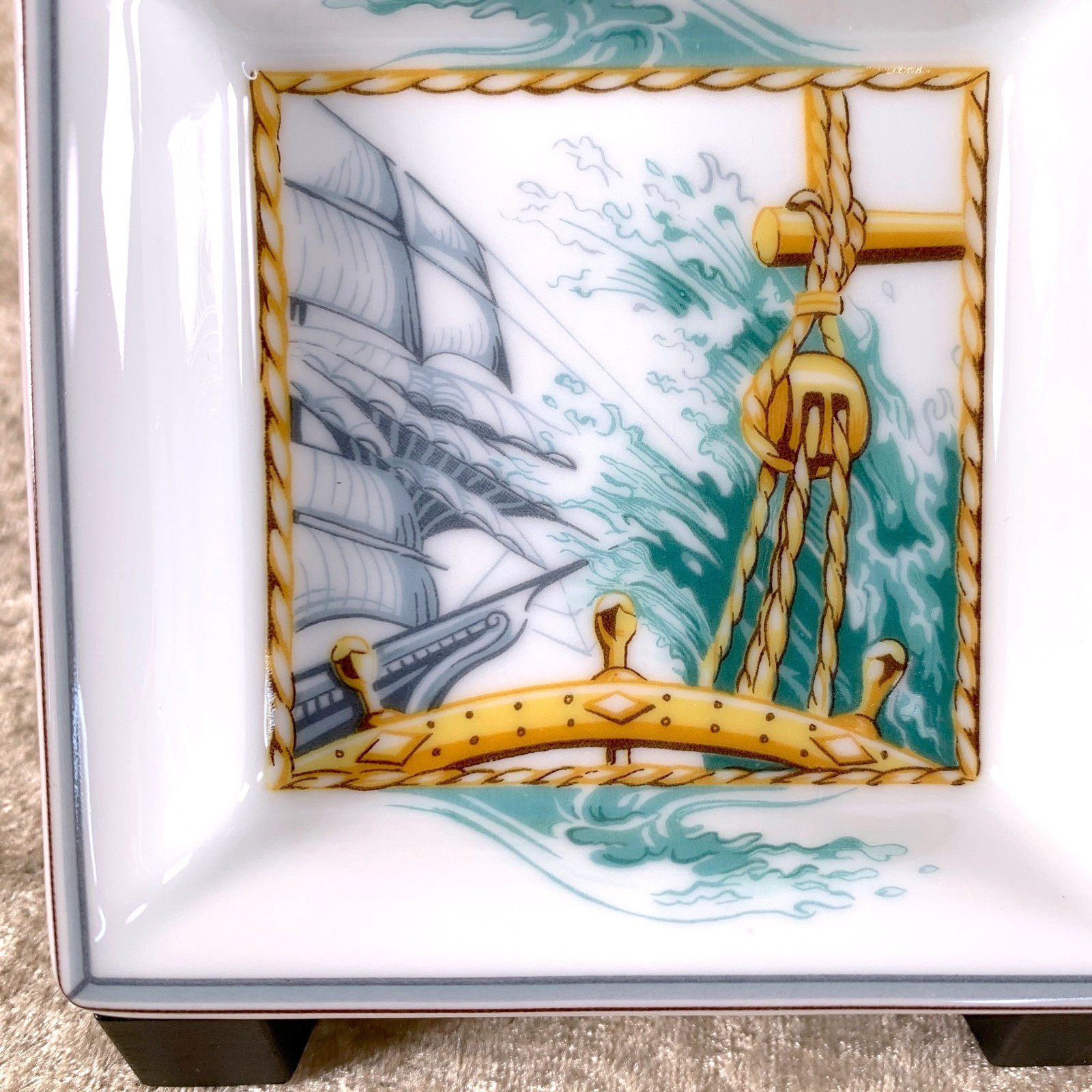 Hermes Mini Change Tray Porcelain Ashtray Patchwork 8x8cm Set of 2 with Case