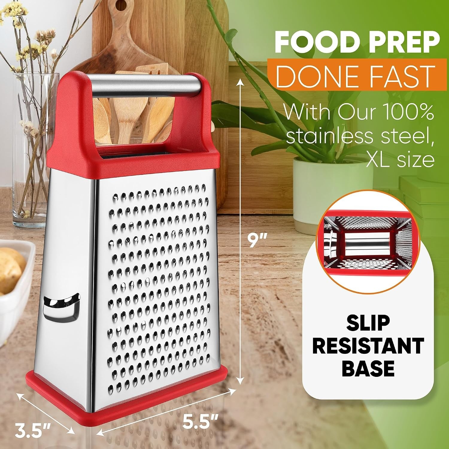 Stainless Steel XL Cheese Grater for Kitchen, Red | 4 Sided Manual Metal Box …