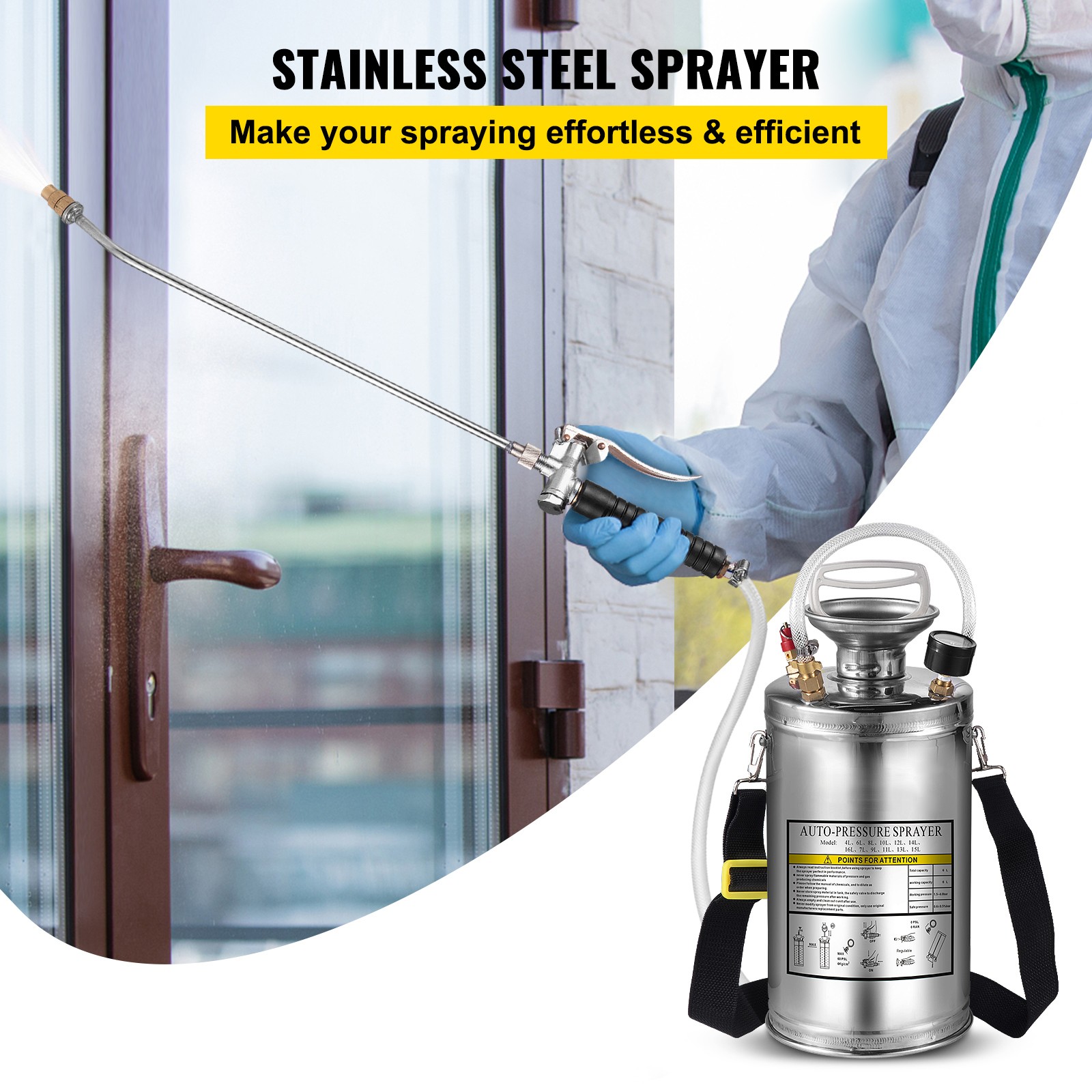 VEVOR Stainless Steel Sprayer 1.5 Gal Steel Hand-Pump Sprayer with 3.3 inch Hose