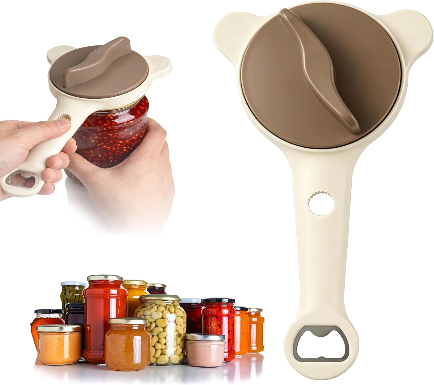 Beige 4-In-1 Jar Opener,Adjustable Lid Opener with Non-Slip Teeth,Fits 1-3.5