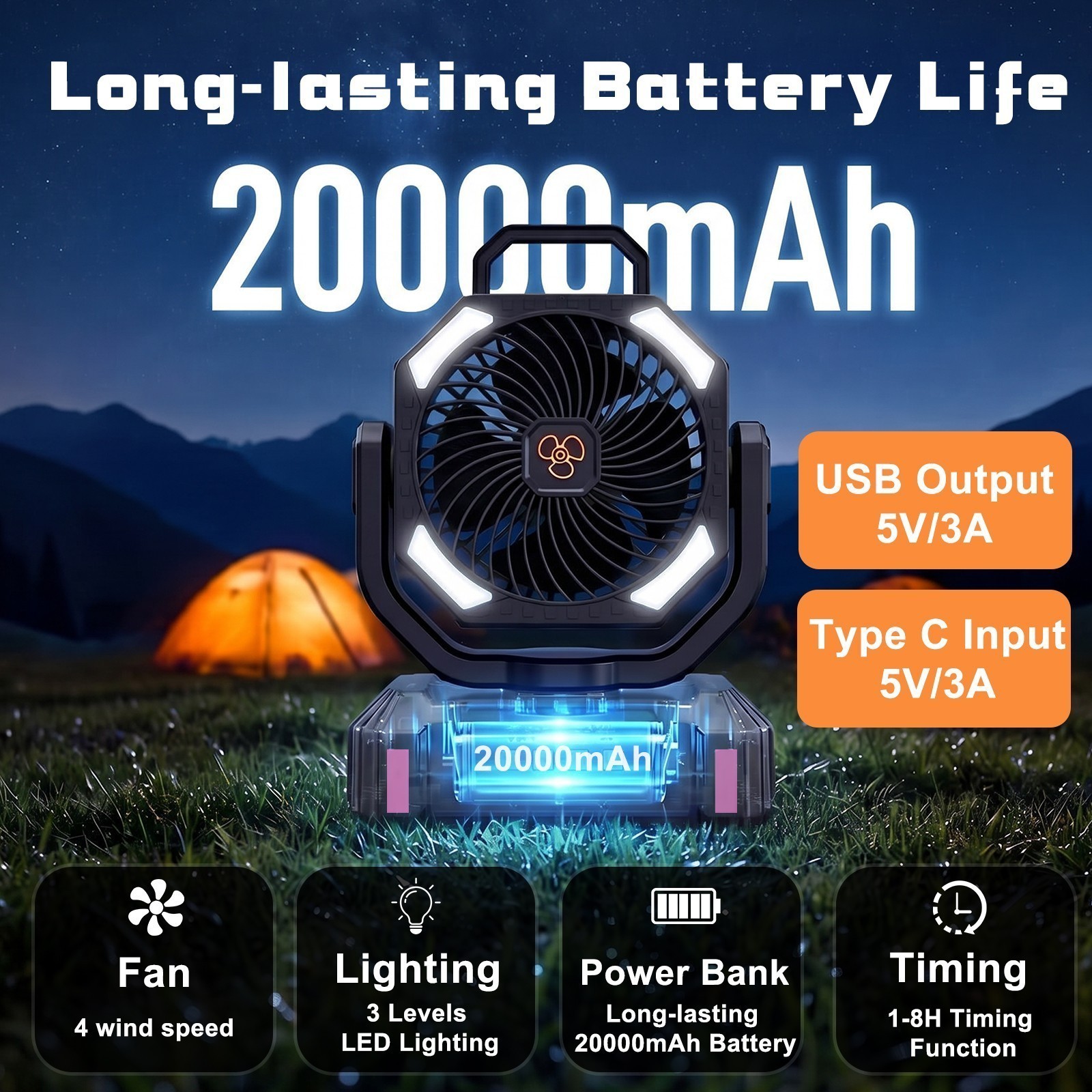 20000mAh Portable Camping Fan Battery Powered Tent Light Fan W/ LED Light Fans