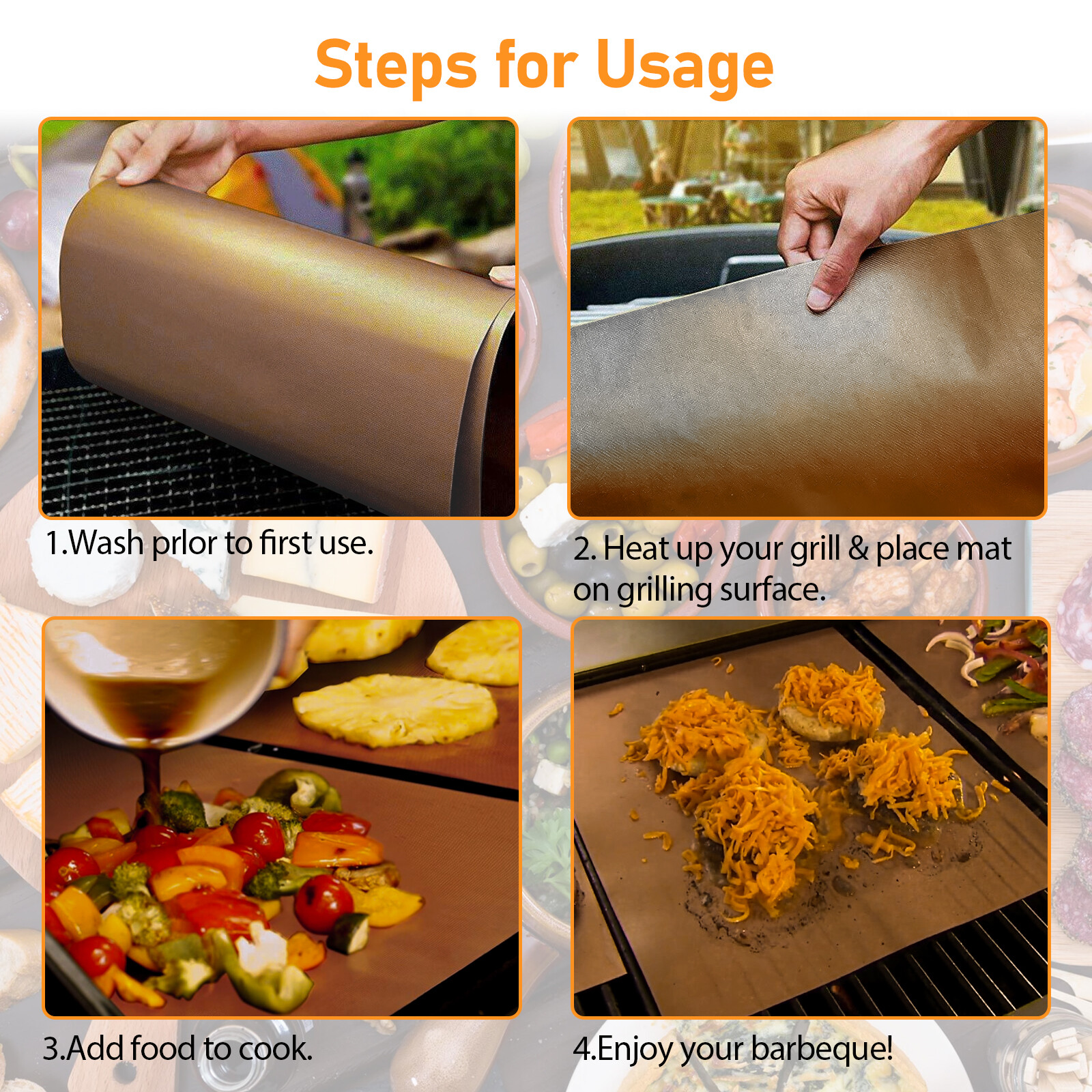 5Pcs BBQ Copper Grill Mats Outdoor Barbecue Cooking Baking Non Stick Reusable