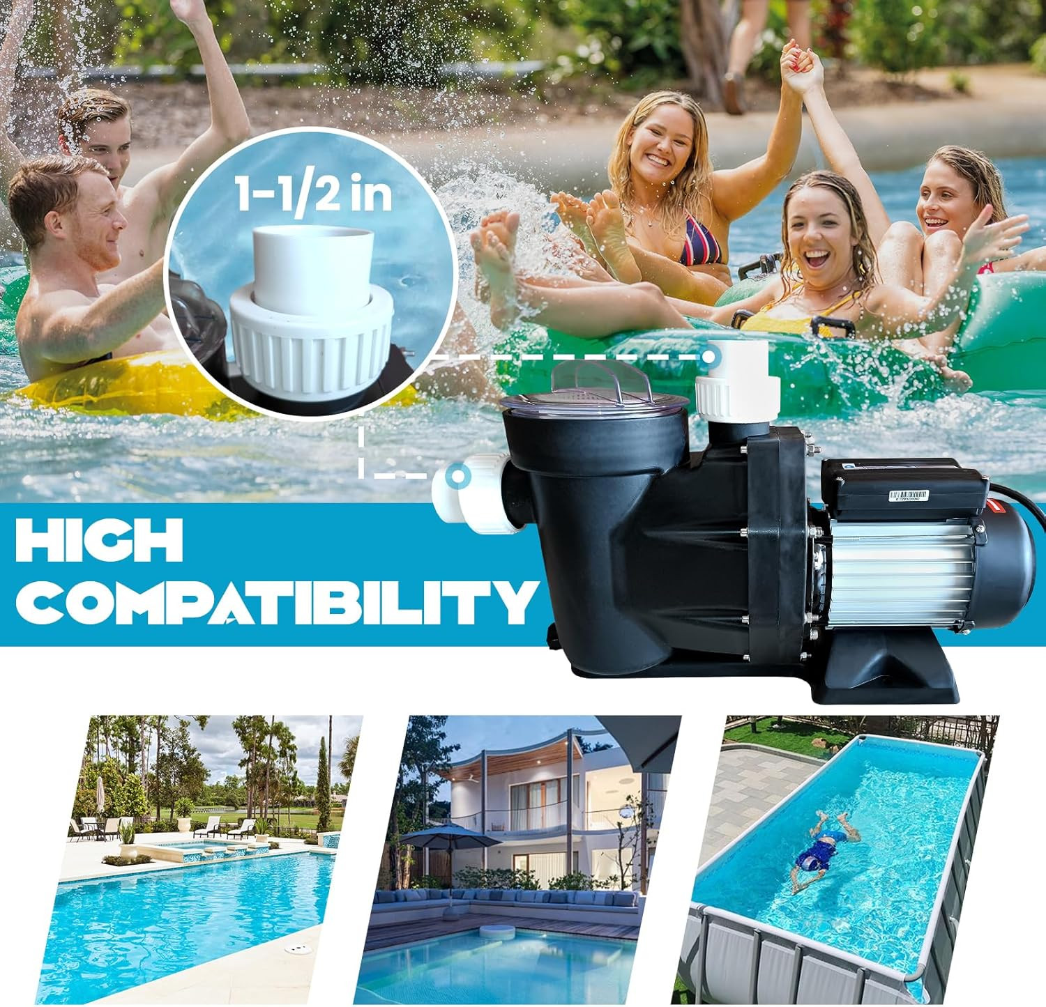 1.5-3.0HP In/Above Ground Swimming Pool Pump Motor w/ Unions, Strainer 220V