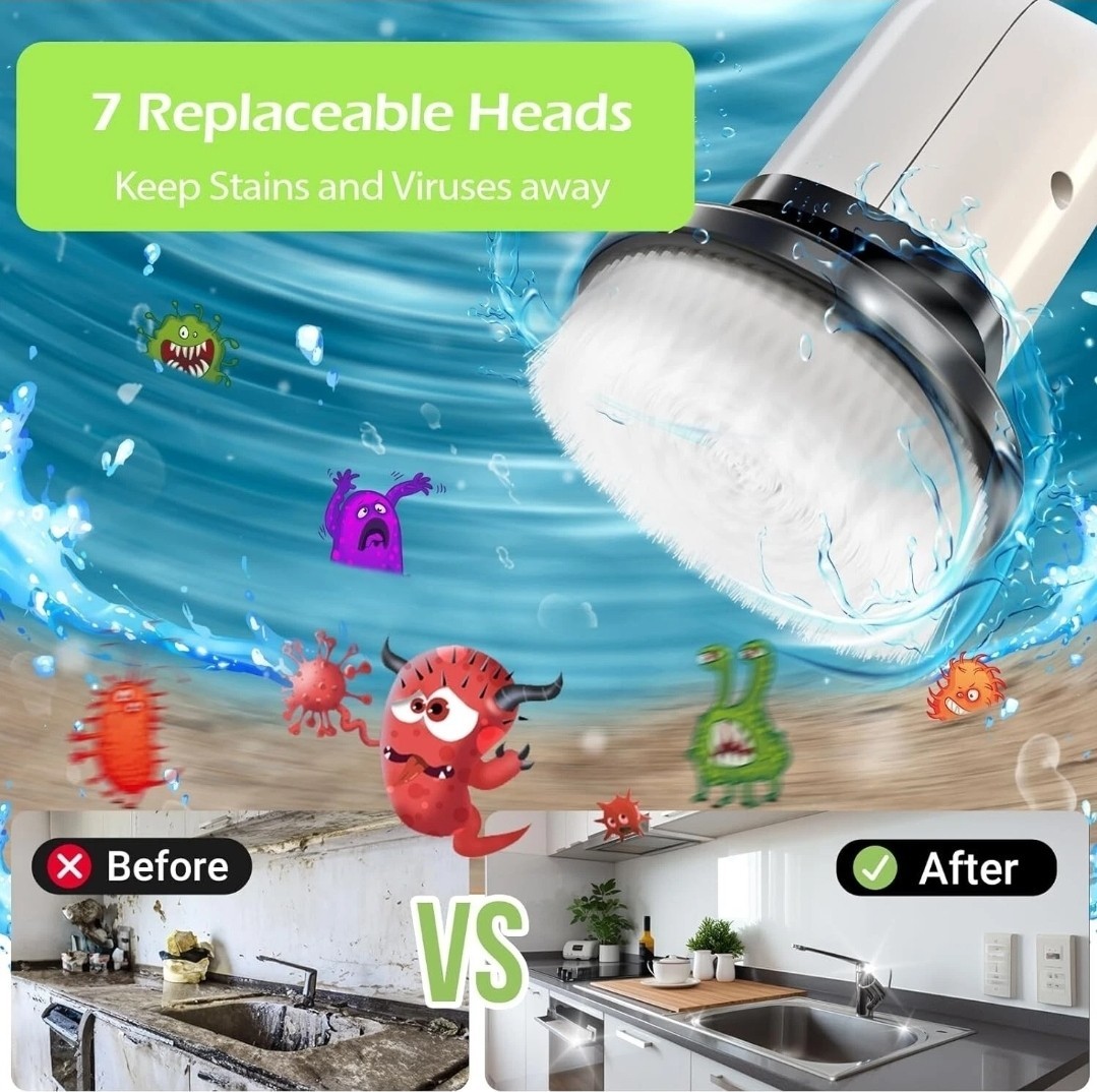 7in1 Electric Spin Scrubber Cordless Bathroom Tub Scrubber w/ Long Handle 8Head