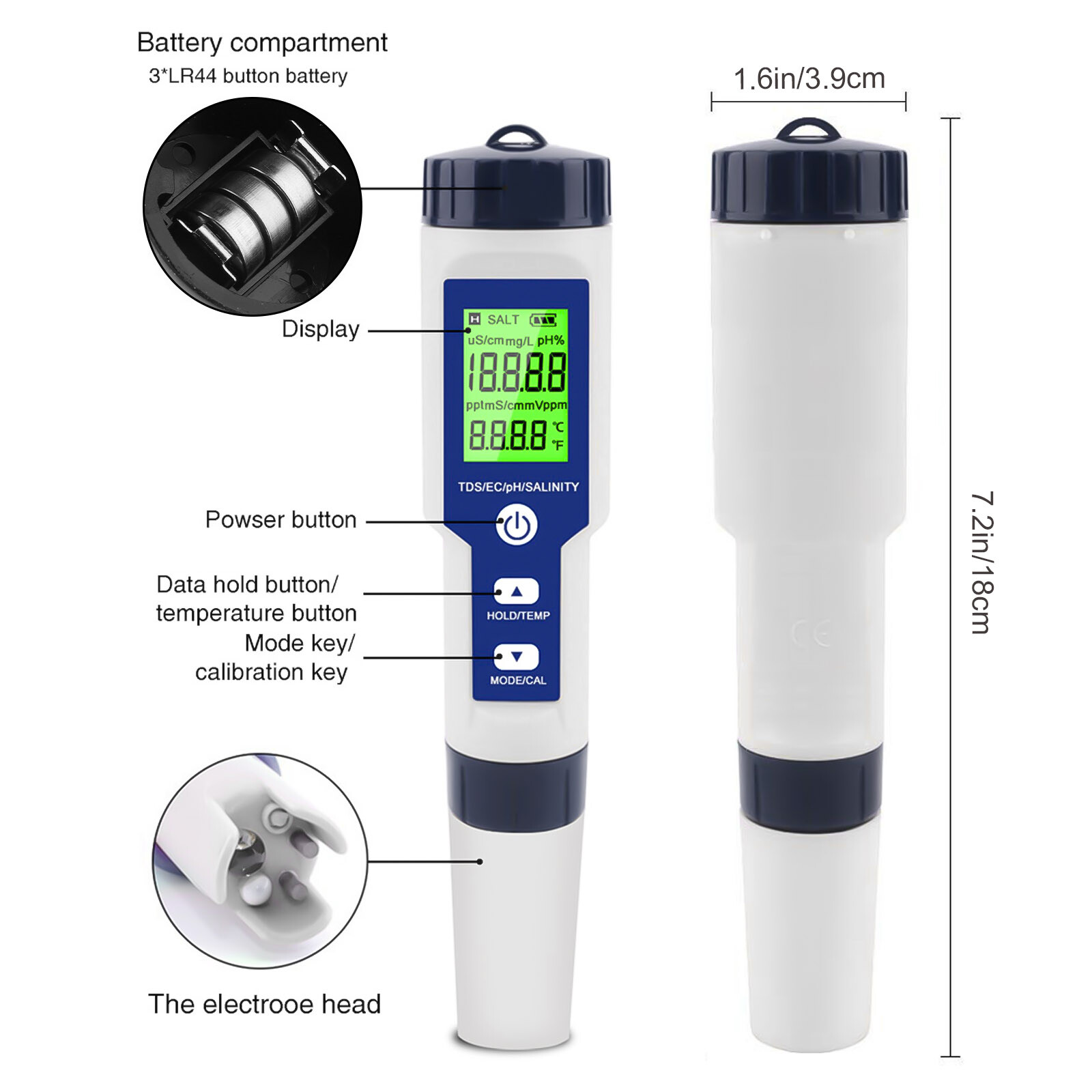 5 In 1 Digital Water Quality Meter Tester Tool PH/TDS/EC/Salinity/Temperature