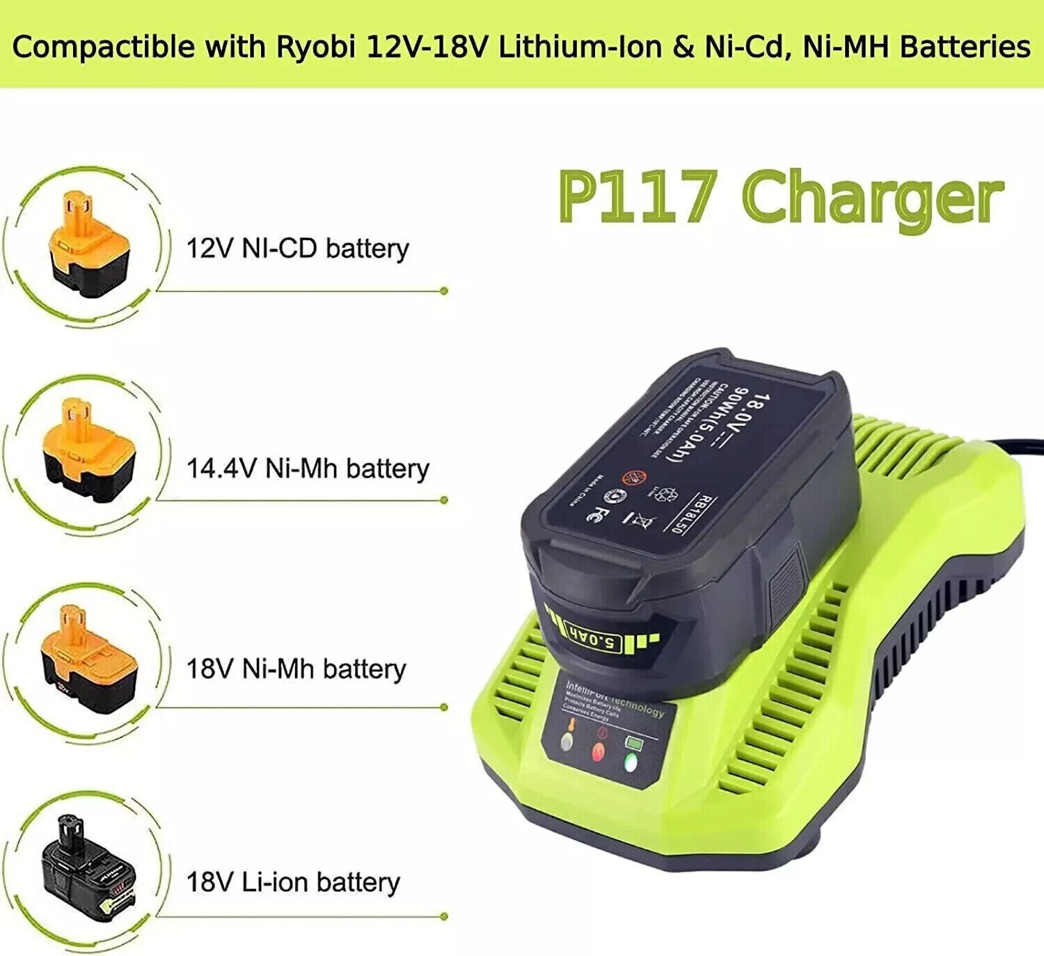 2 PACK 18V 6.0Ah Battery For Ryobi+P117 Battery Charger For Ryobi 18V Batteries