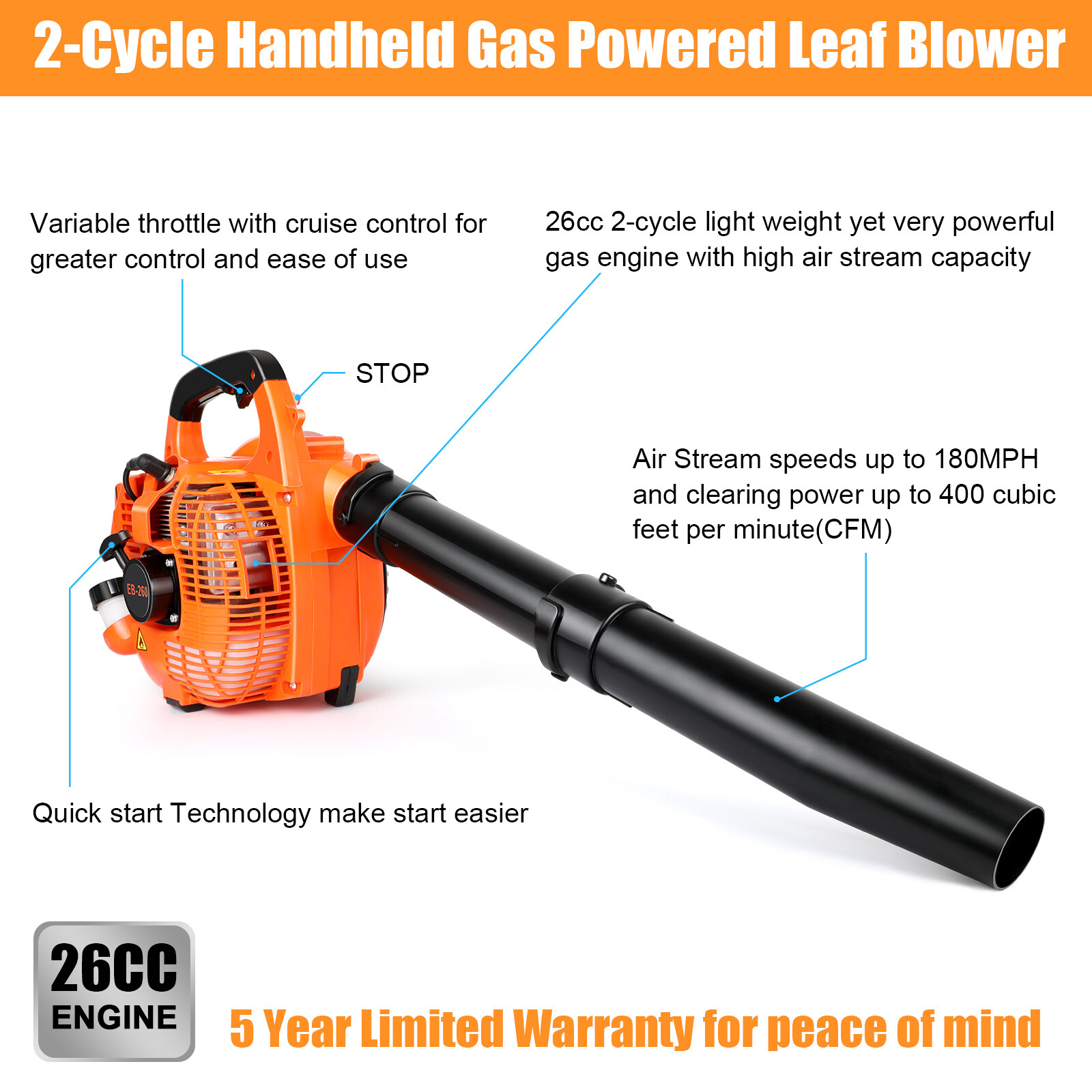 Handheld 2-Stroke Leaf Blower Gas Powered Commercial Heavy Duty Grass Yard