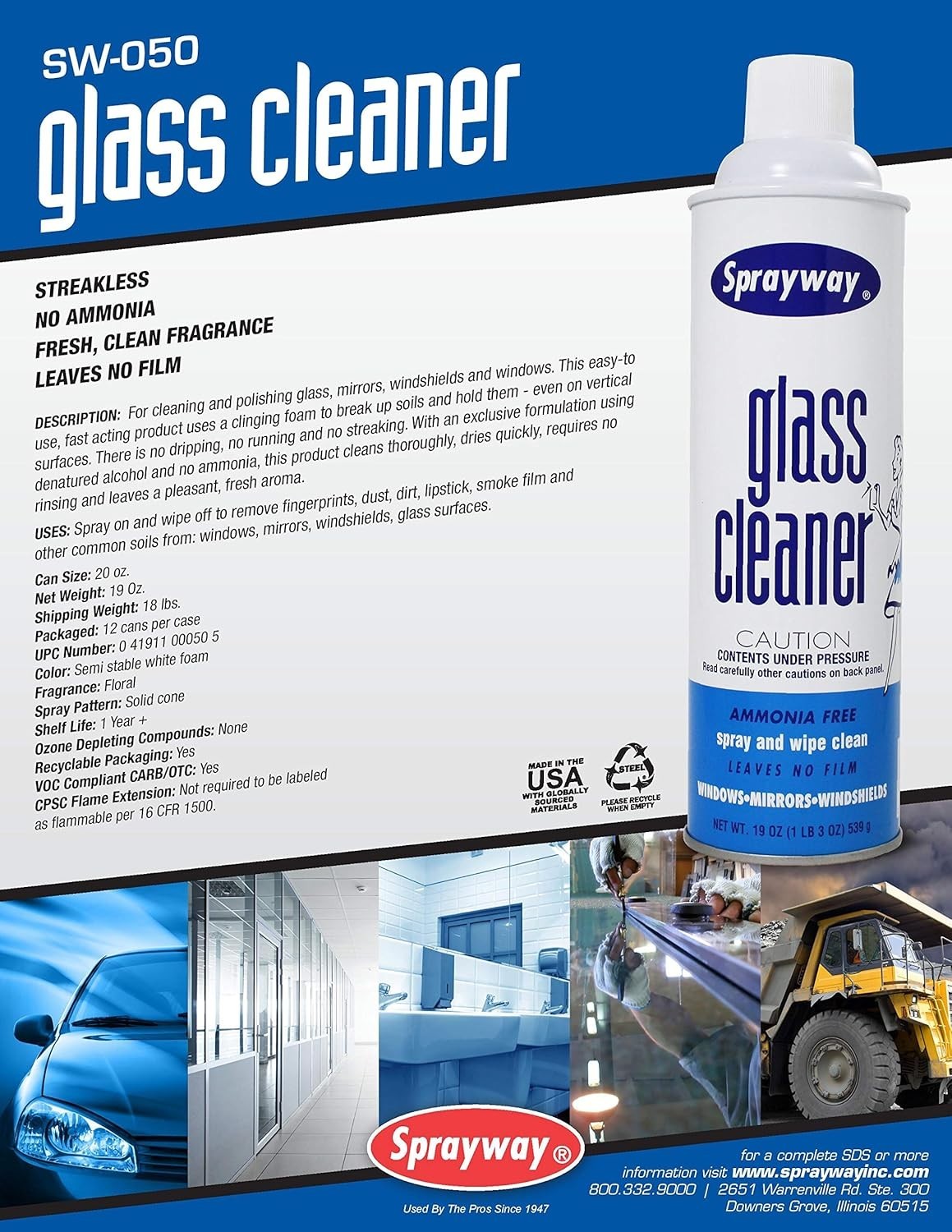 Sprayway Glass Cleaner with Foaming Spray for a Streak-Free 19 oz., Pack of 12