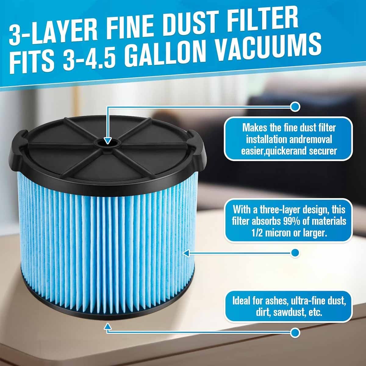 2 Pack VF3500 Replacement Filter for Ridgid WD4050 WD3050 3-4.5 Gallon Vacuum