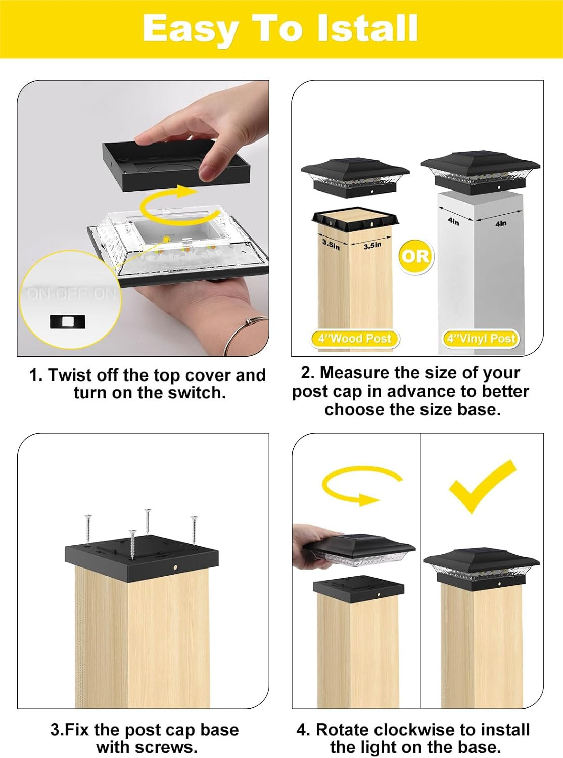 T-SUN Solar Post Cap Lights 6 Pack for 4×4 Vinyl Wooden Posts, Waterproof Outdoo