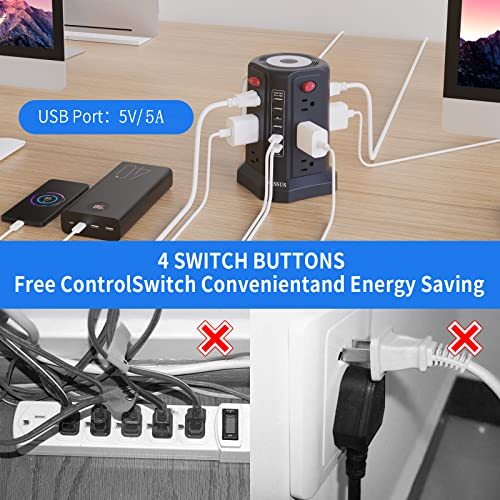 Surge Protector Power Strip Tower with 5 USB Ports and Night Assorted Styles