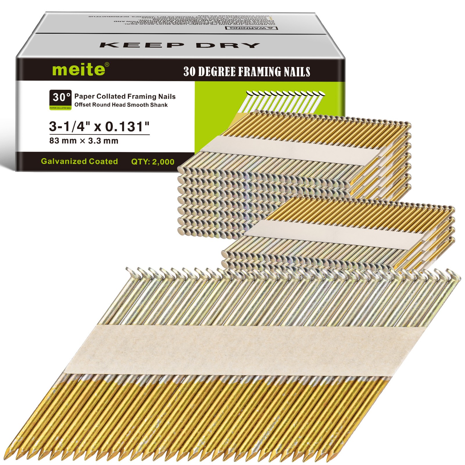 2000 Counts meite 30 Degree Framing Nails 3-1/4″ x .131″ Smooth Shank Galvanized