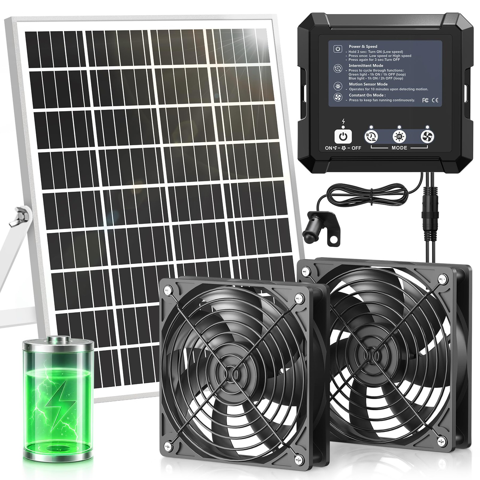 Solar Fan for Chicken Coop with , 7500 mAh Battery & 25W Solar Panel, IP65 Wa…