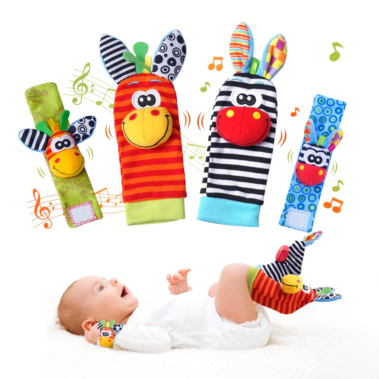 PHEZAPA Baby Toys 0-6 Months, Wrist Rattles Foot Finder Socks Set, Infant Rattle