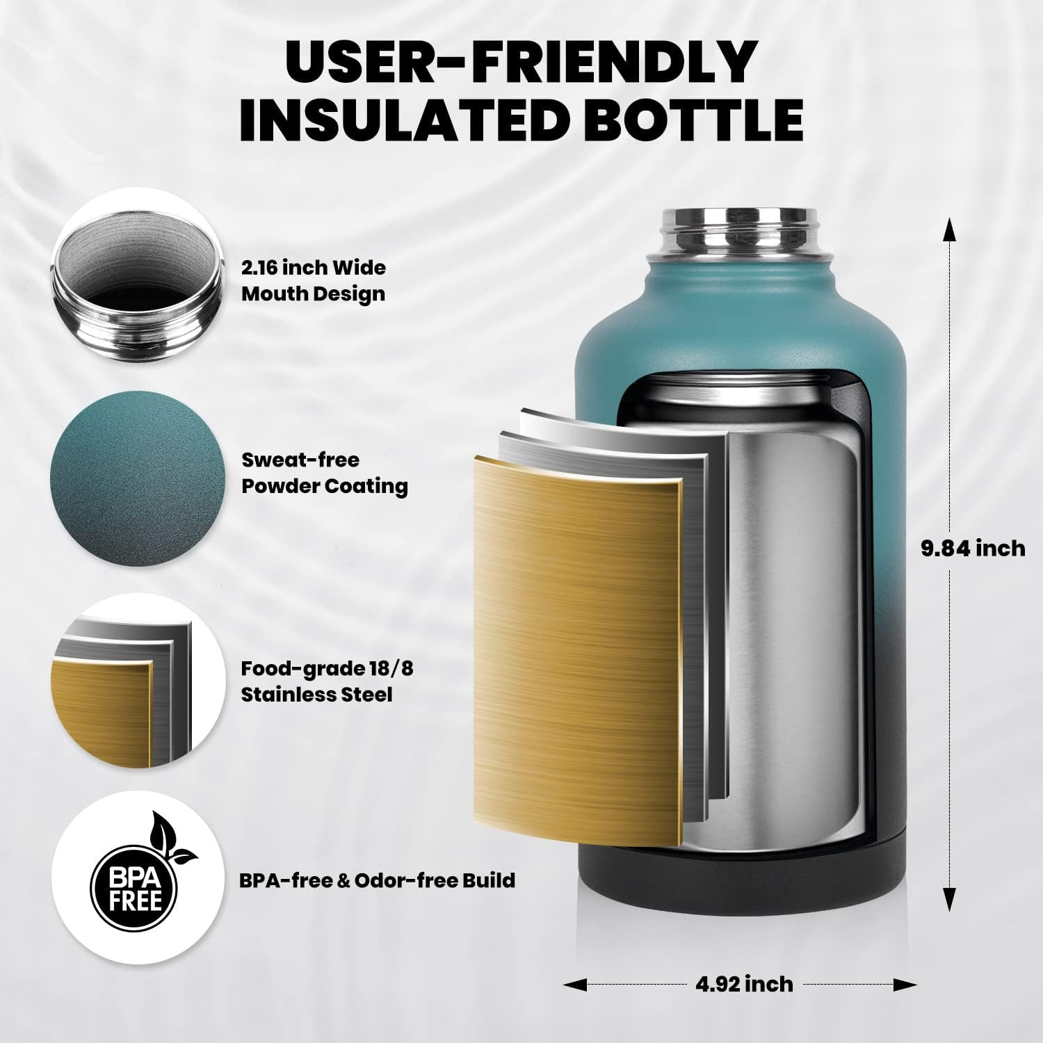 Insulated Water Bottle 64 Oz, Triple Wall Vacuum Stainless Steel (Cold for 48 Hr