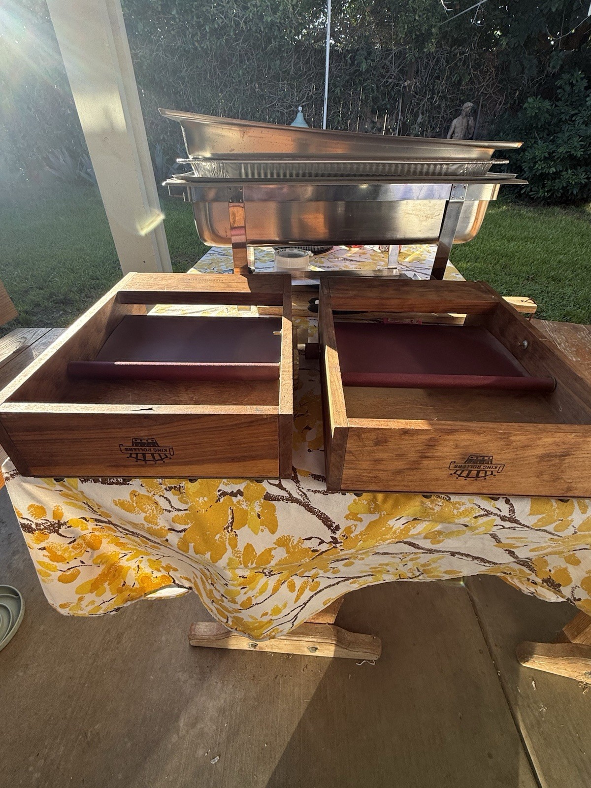 Full Size Rectangular Chafing Dish 6 Qt Wood Base Matte Silver/Brown Handles