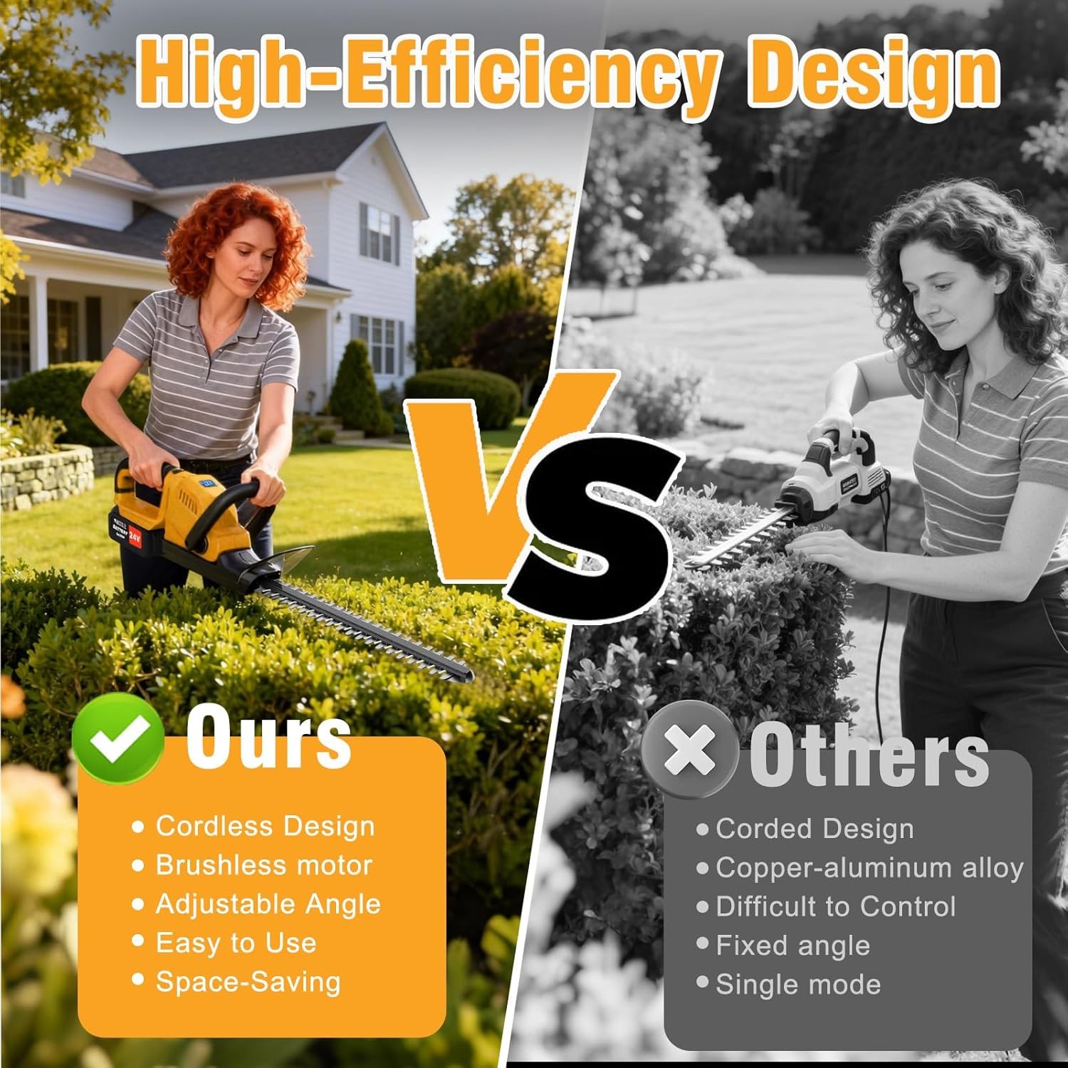 22Inch Cordless Hedge Trimmer Cordless Electric Hedge Trimmer w/2* 24V Battery