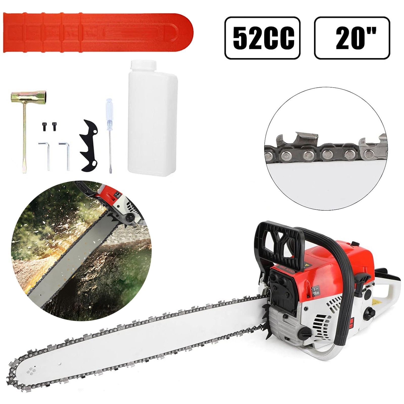 2-Stroke Gasoline Chainsaw 52 CC 20″ Bar Power Engine Wood Cutting Gas Chain Saw