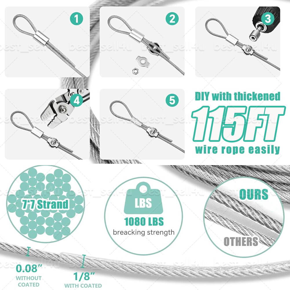 1/16″ 7×7 115ft Stainless Steel Wire Rope Kit Cable Turnbuckles Wire Tensioner