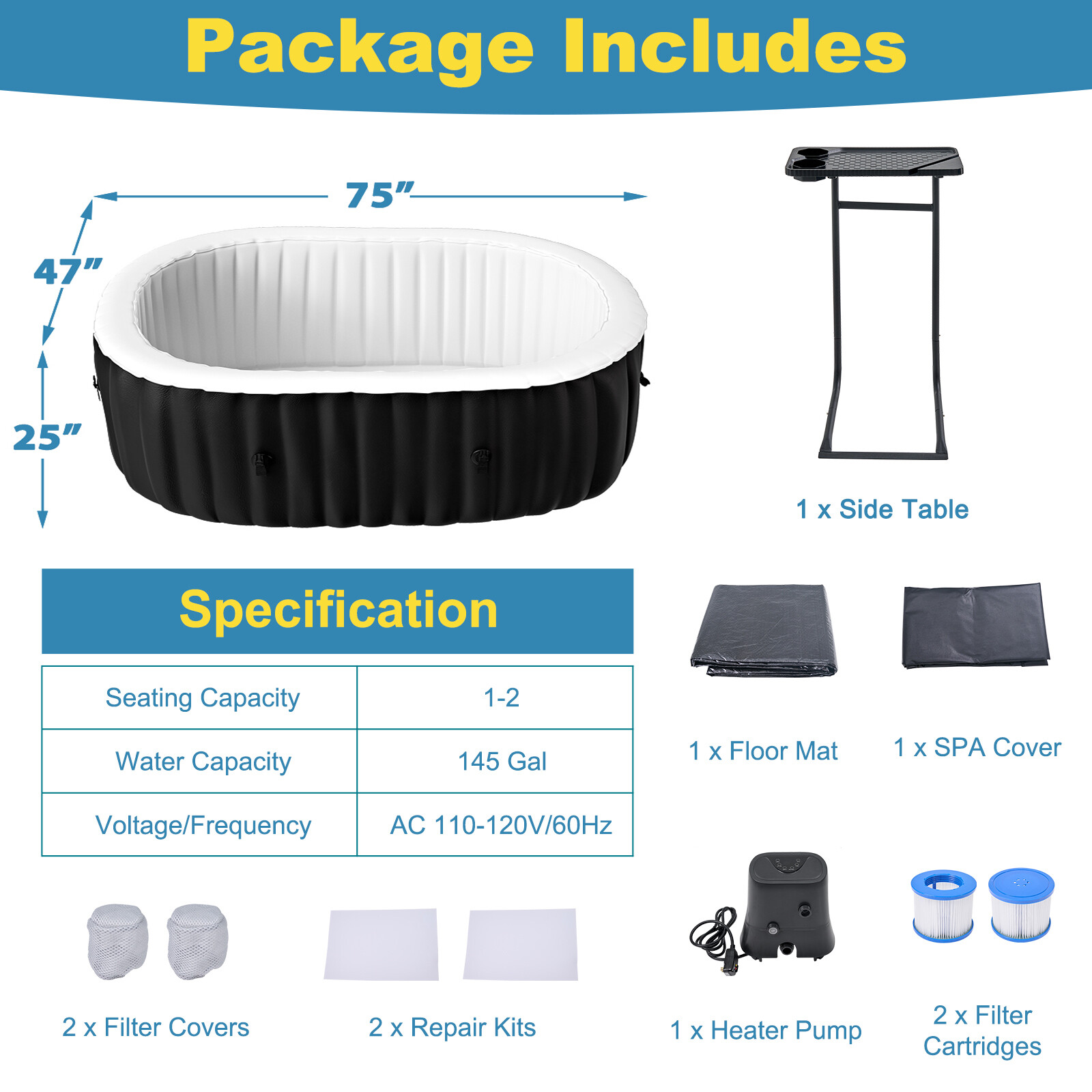 Docred 2 Person Portable Inflatable Hot Tub Spa w 100 Air Jet for Patio Backyard