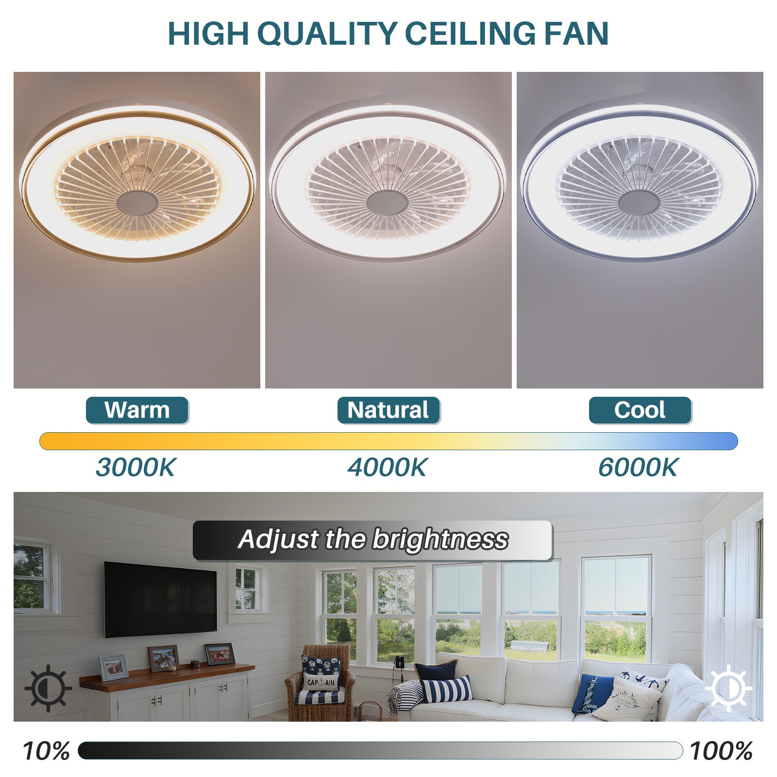 19in Flush Mount LED Ceiling Fan with RGB Light Remote & APP Control Fan Light