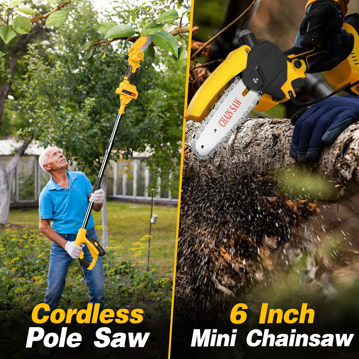 Cordless Pole Saw, Brushless Mini Chainsaw with Pole With 2 Pack 21V Batteries