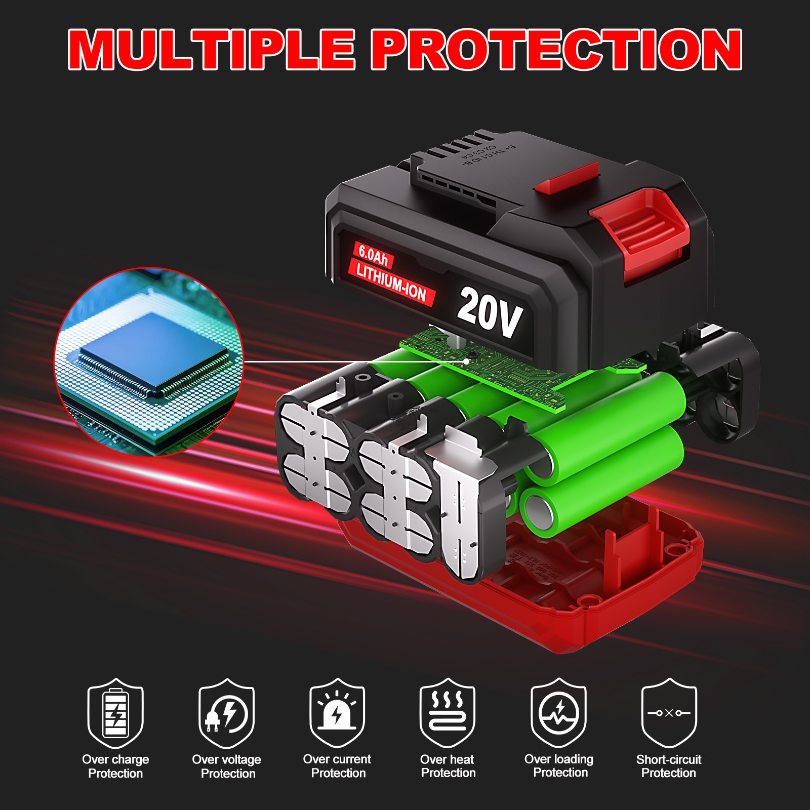 20V 6Ah Lithium-Ion Replacement Battery Pack for Bauer 20V Cordless Power Tools