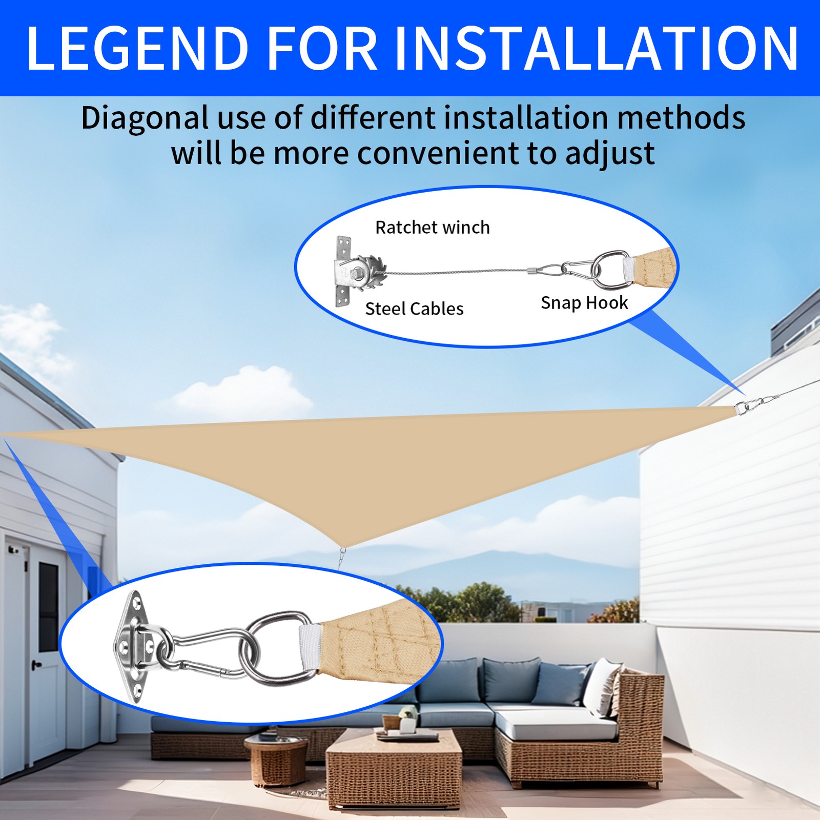 Hardware Kit for Sun Shade Sail Triangle Rectangle Installation Wire Rope Set