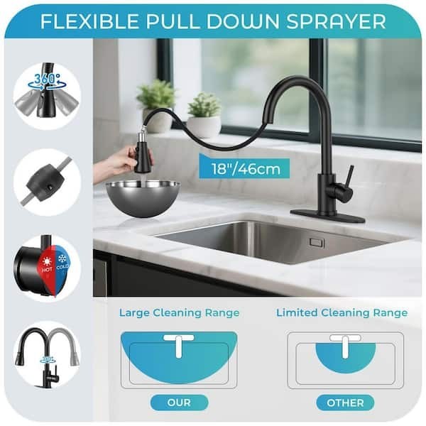Mttcle Matte Black Pull Down Kitchen Faucet 14.2 in 360° Swivel Sprayer