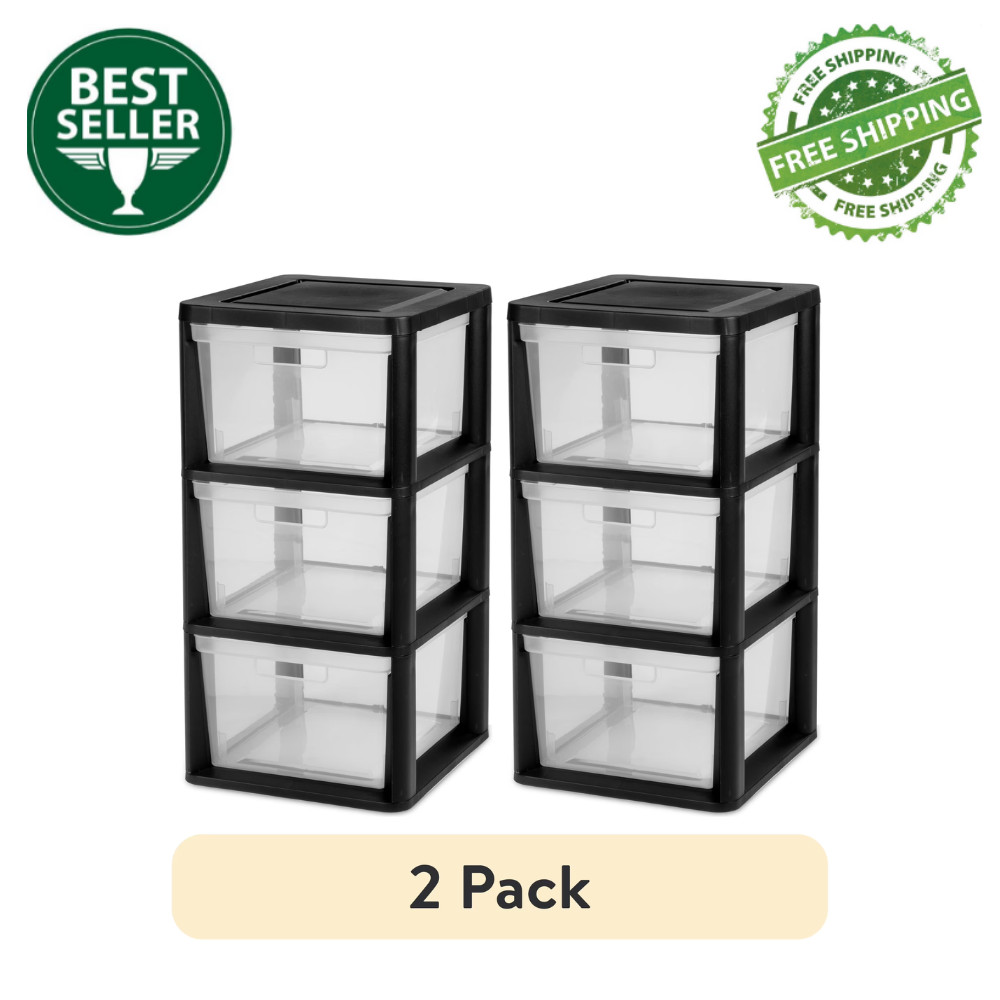 2Pack Sterilite Medium 3 Drawer Tower Plastic Storage Bins Organizer Unit, Black