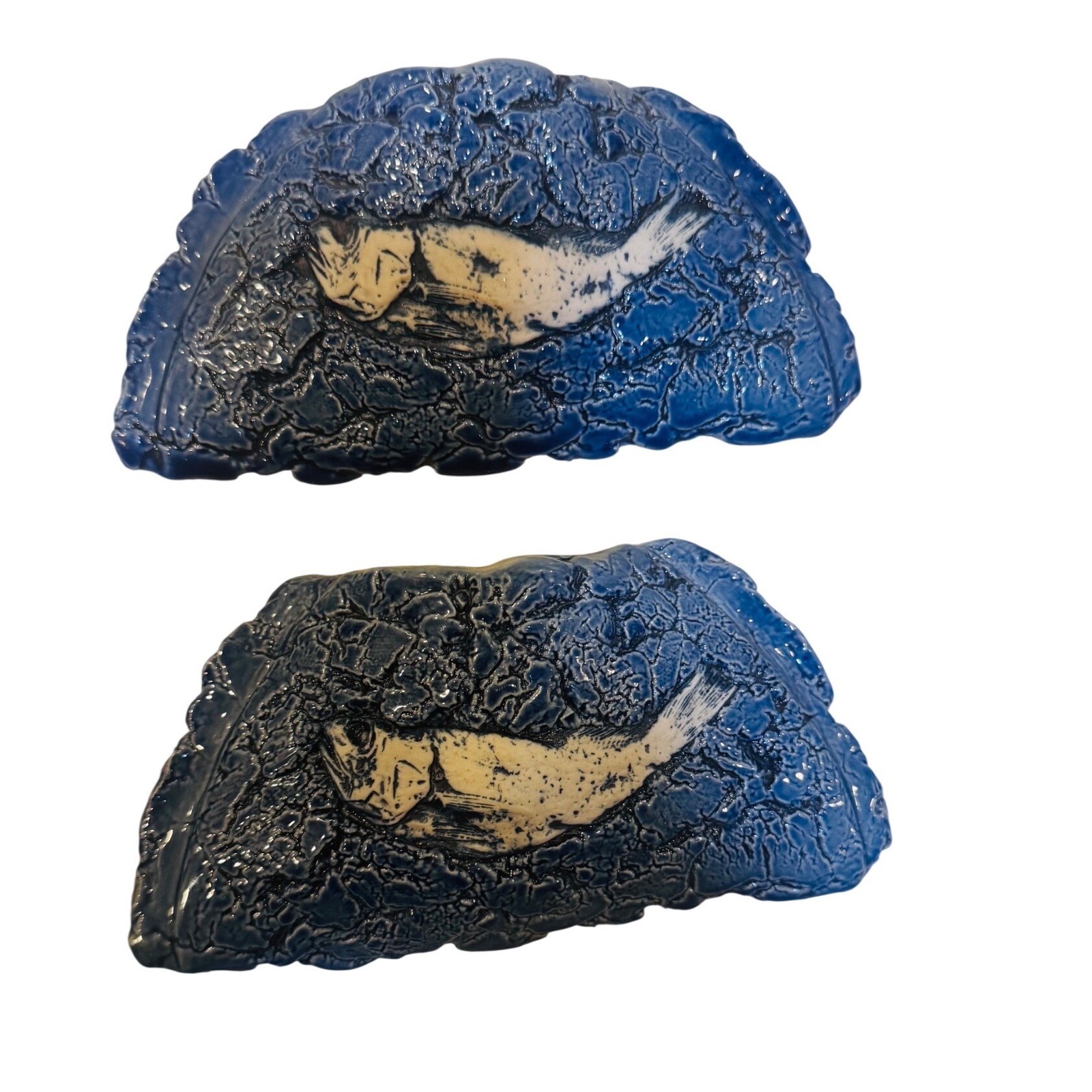 Tenmoku Pottery Malaysia Blue Fish Fossil Wall 2 Pockets Art Vintage 3.5×7.5″