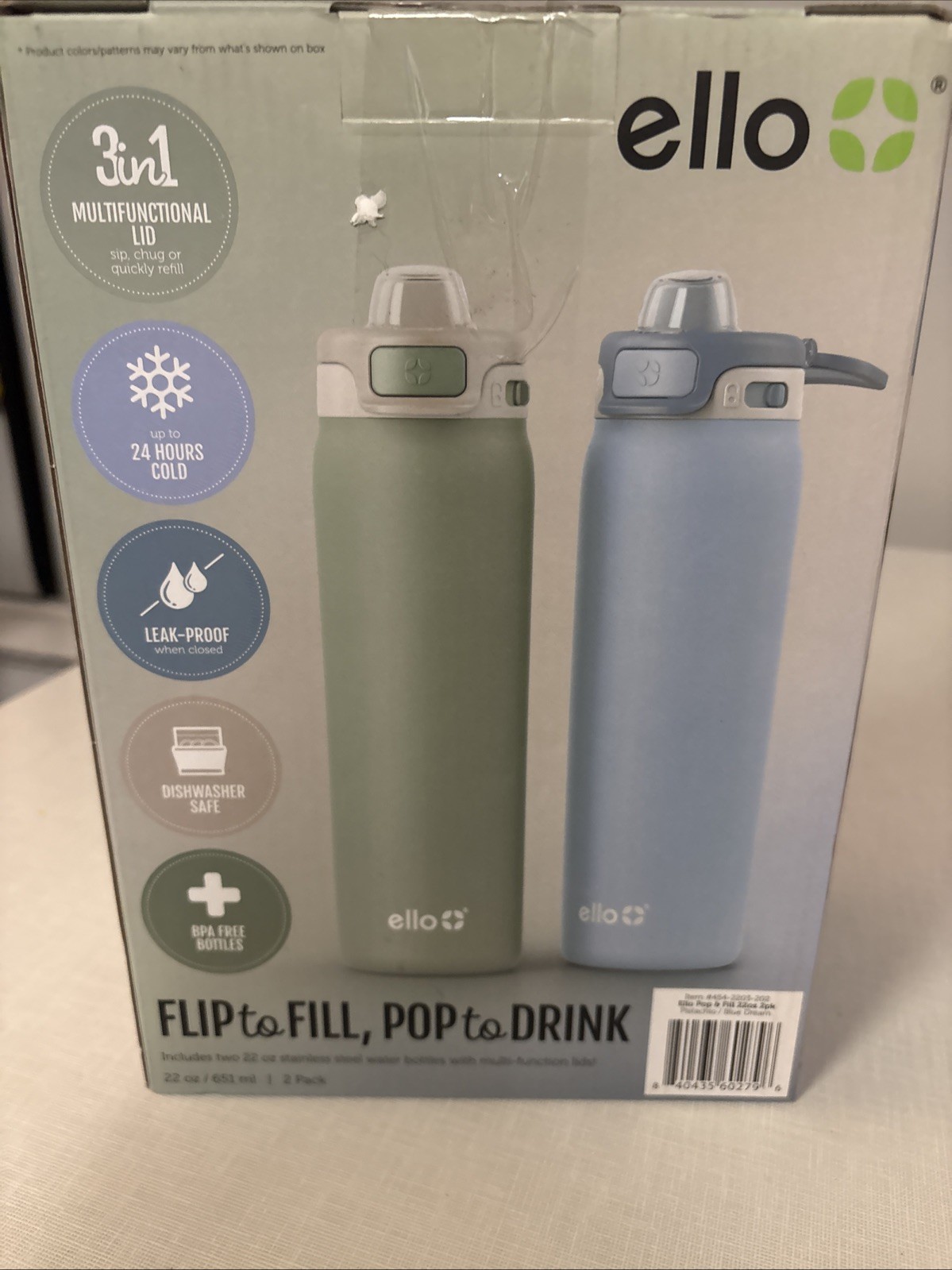 Ello Flip To Fill 22oz 2-Pack Stainless Steel Water Bottle Lock Lid 24hrs Cold