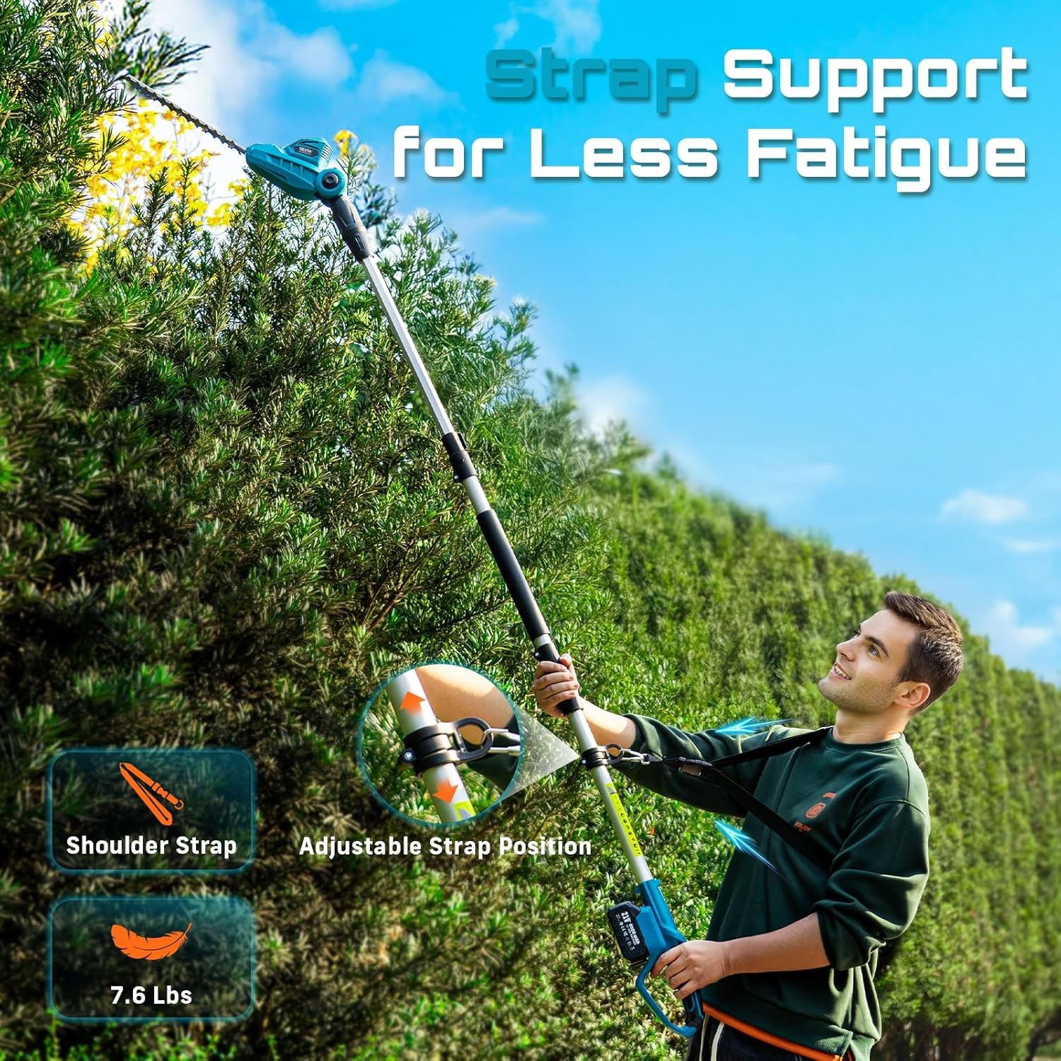 SEESII Telescopic Cordless Pole Hedge Trimmer 20″ Dual-Action Blade 8Ft Pole