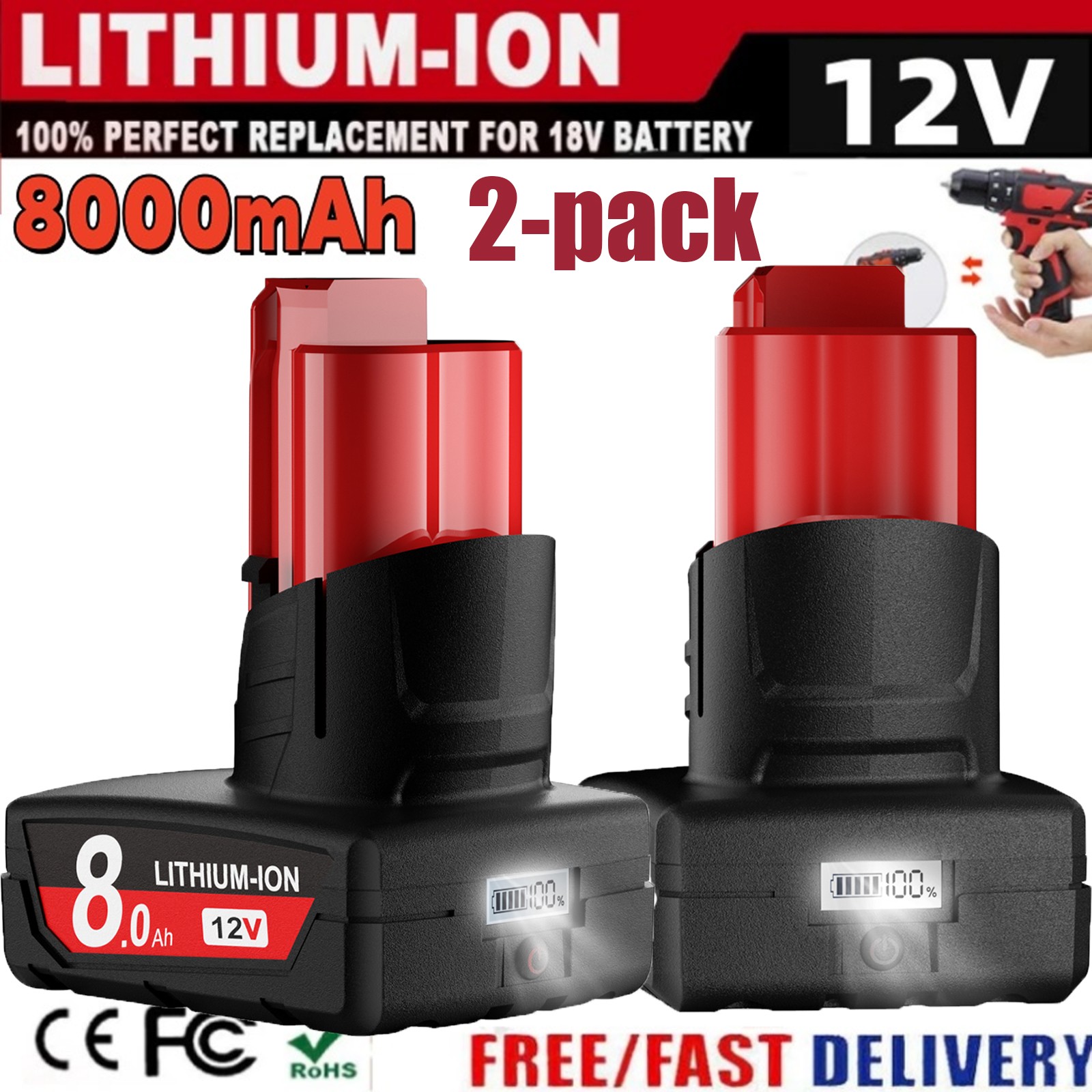2x 8.0Ah For Milwaukee for M12 LITHIUM Extended Capacity Battery 48-11-2460 US