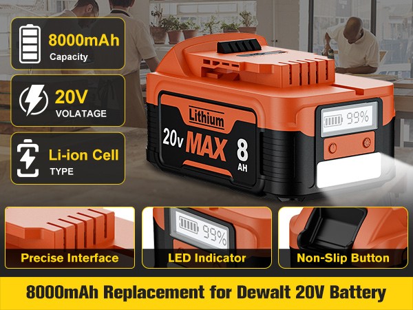 8000mAh Battery For DeWalt 20V 20Volt Max 8.0AH DCB205 DCB206 DCB200 LED Display